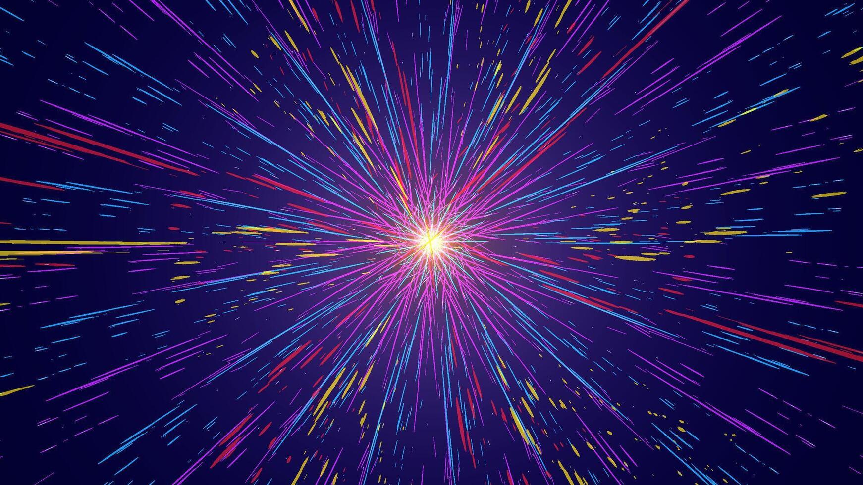 Abstract cosmic explossion. Speed of light in outerspace of galaxy. Hyperjump in space. Multicolored glowing neon rays of universe vector
