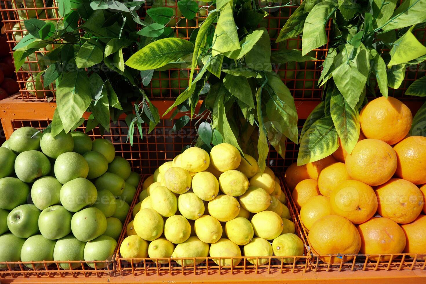 A Vibrant Display of Fresh Citrus Fruits and Green Options at the Local Market Today photo