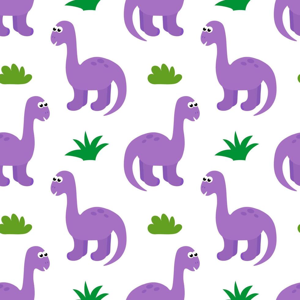 Seamless Pattern with Cute baby dinosaur. Hand drawn brontosaurus. Flat cartoon illustration. vector