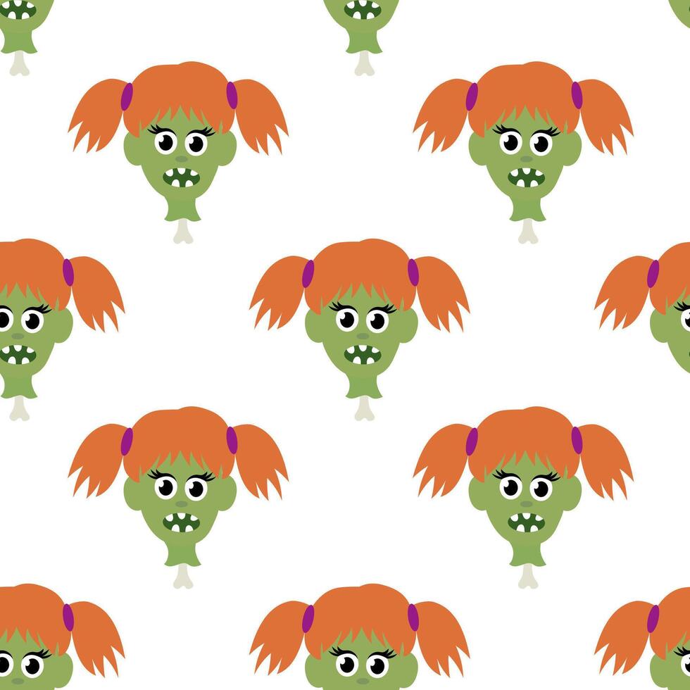 Seamless pattern with Zombie girl head on bone. Halloween Cartoon Flat illustration. vector