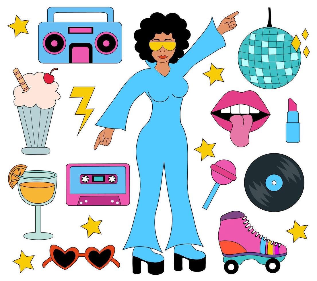 Set of 80s retro elements. Afro Woman in overalls and sunglasses dancing. Vintage audio player, music record, milkshake, orange cocktail, roller skate, sunglasses, lipstick and lips, boot. flat vector