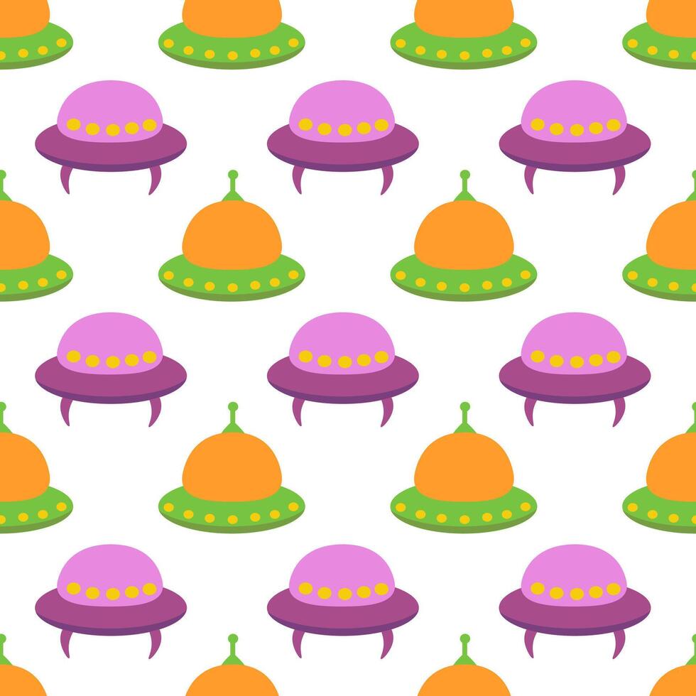 Alien spaceship, spacecrafts and UFO Seamless Pattern. Cosmic ship in form saucer for transportation. Children design. cartoon flat illustration. vector