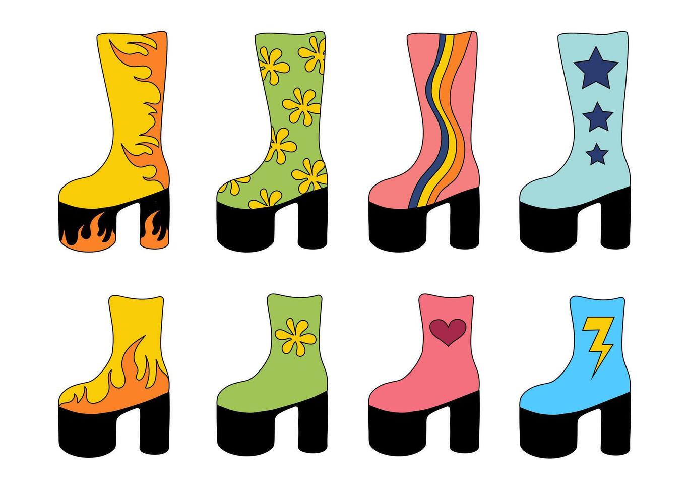 Set of trendy 1980 retro disco boots. Collection vintage shoes different design. flat illustration. vector