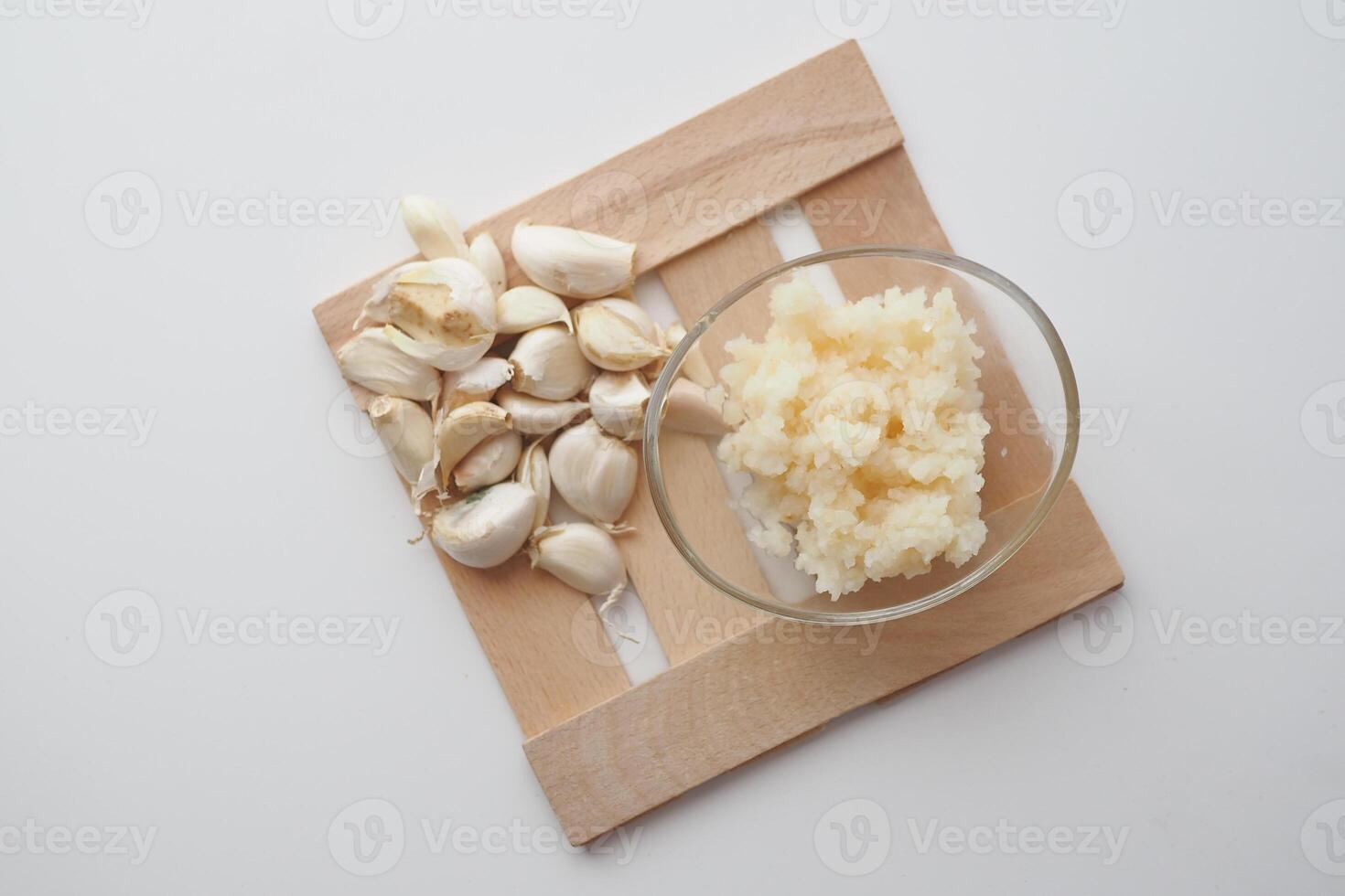 top view of minced garlic in a bowl photo