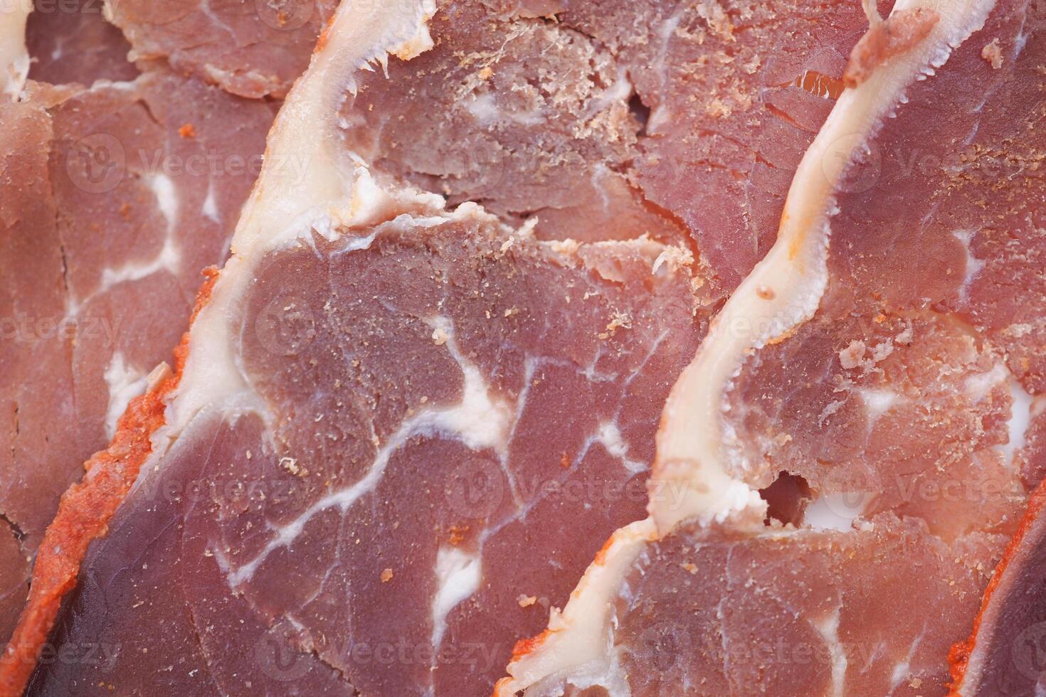 top view of Sliced ham bacon meat photo