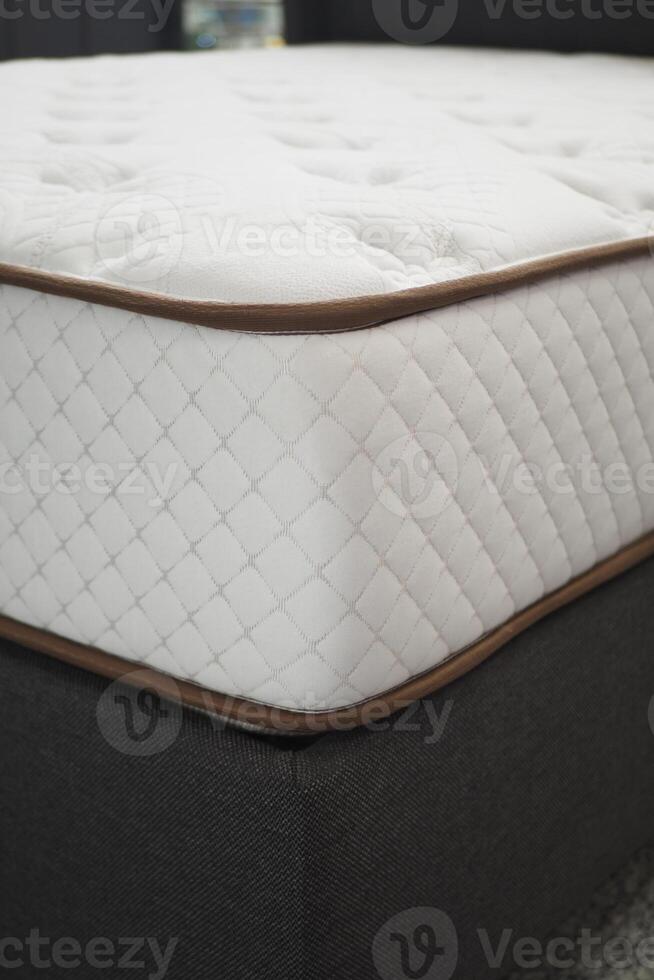 Detailed closeup view of a white mattress showcasing knitted design, offering comfort and style photo