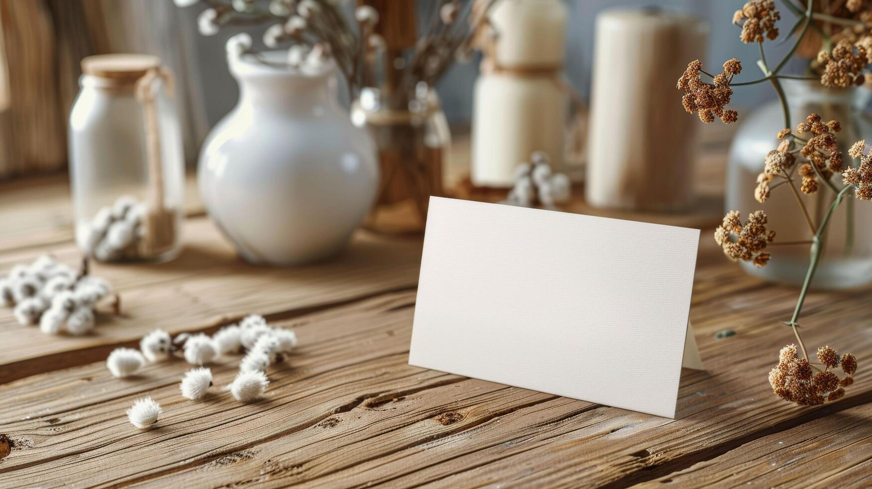 A white card sits on a wooden table next to a vase of flowers photo