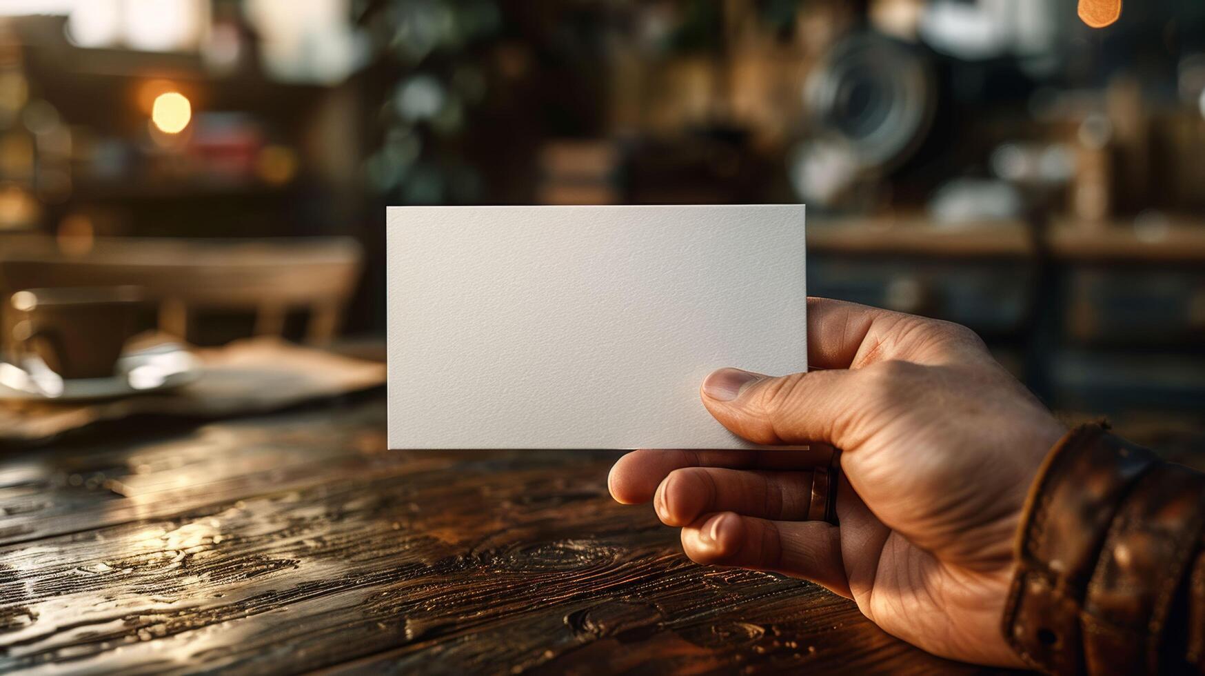 A hand holding a white card on a wooden table photo