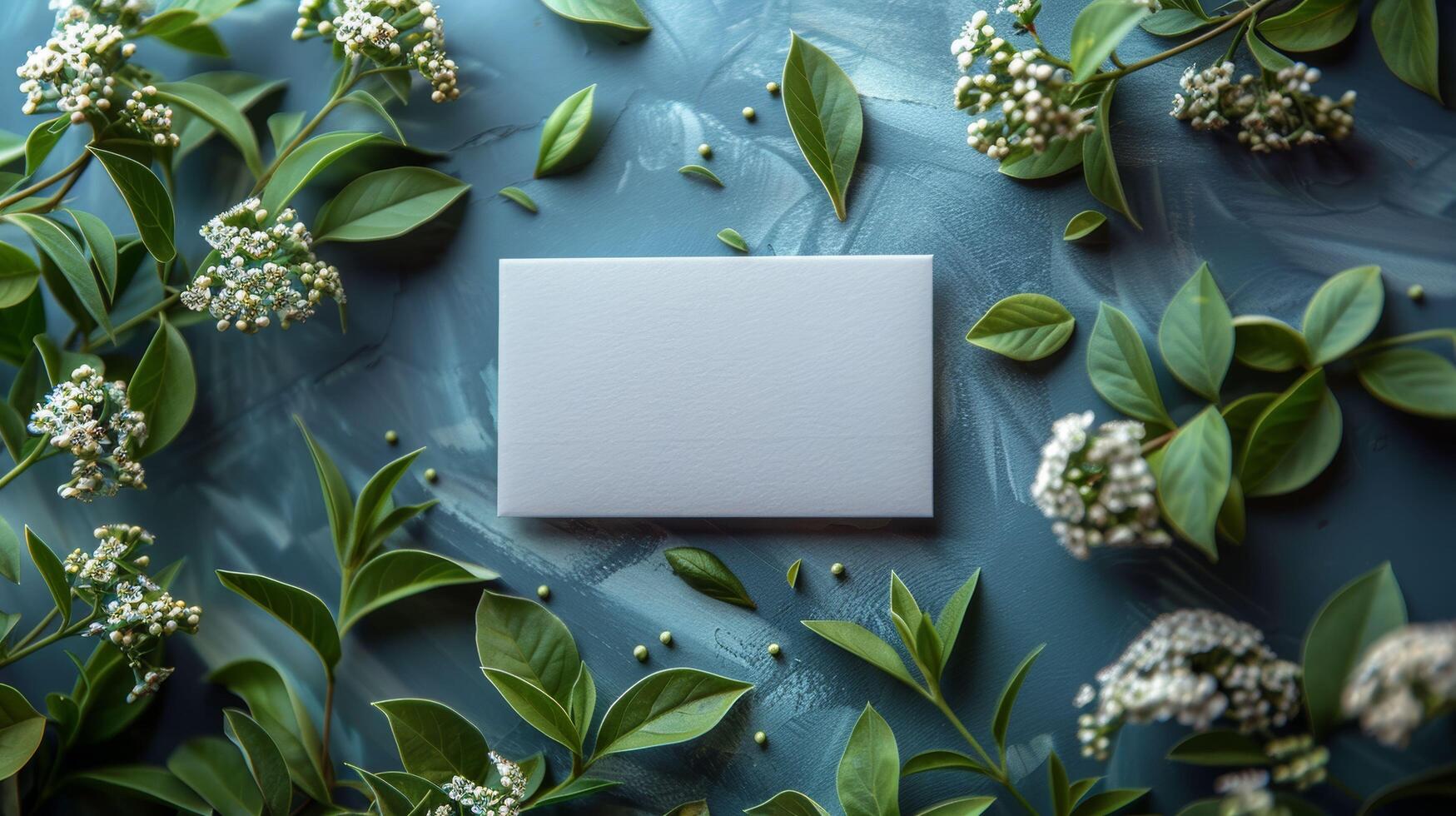A white card with a logo on it is surrounded by green leaves and white flowers photo