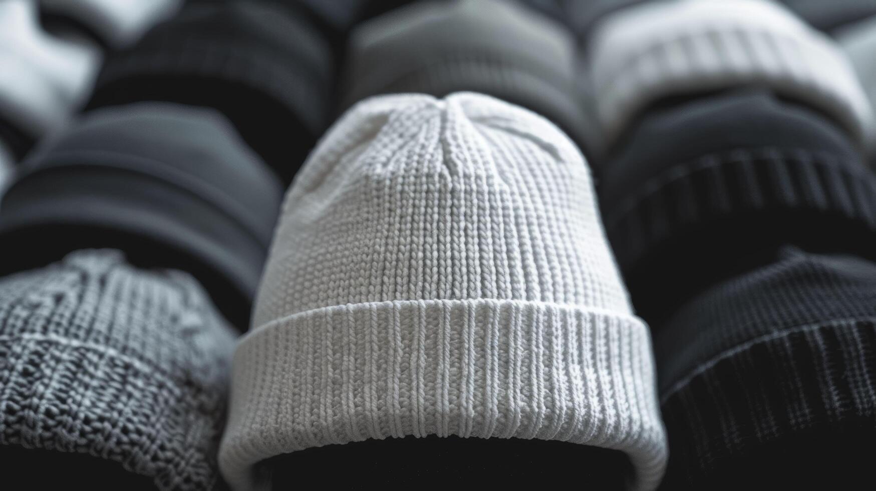 A row of hats, including a white one, are displayed photo