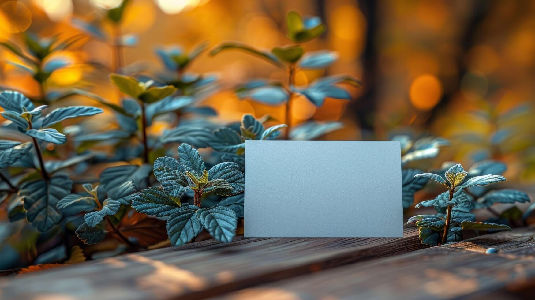 A white card is sitting on a wooden table in front of a bush photo