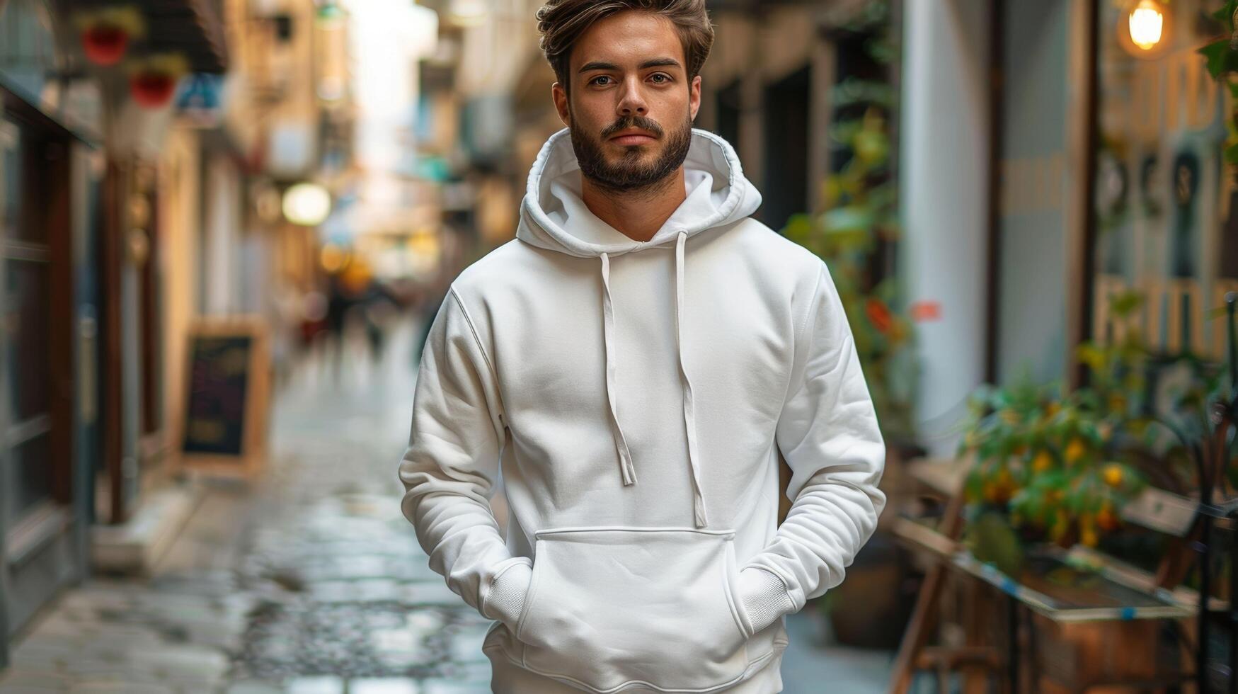 A man wearing a white hoodie stands in front of a building photo