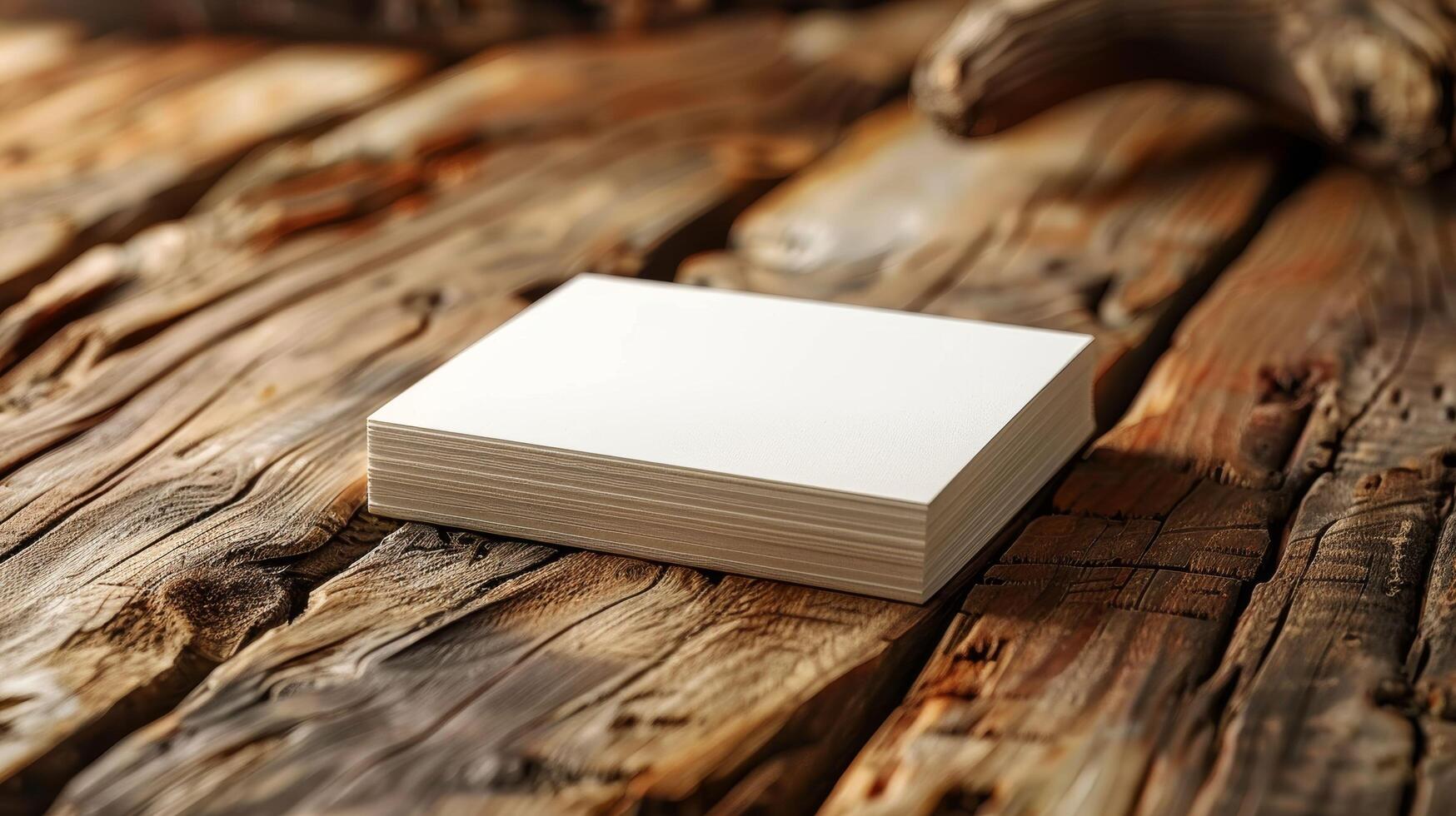 A stack of white business cards sits on a wooden table photo