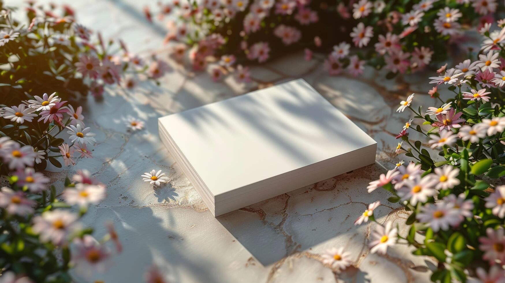 A white box is placed on a stone surface next to a bed of pink flowers photo