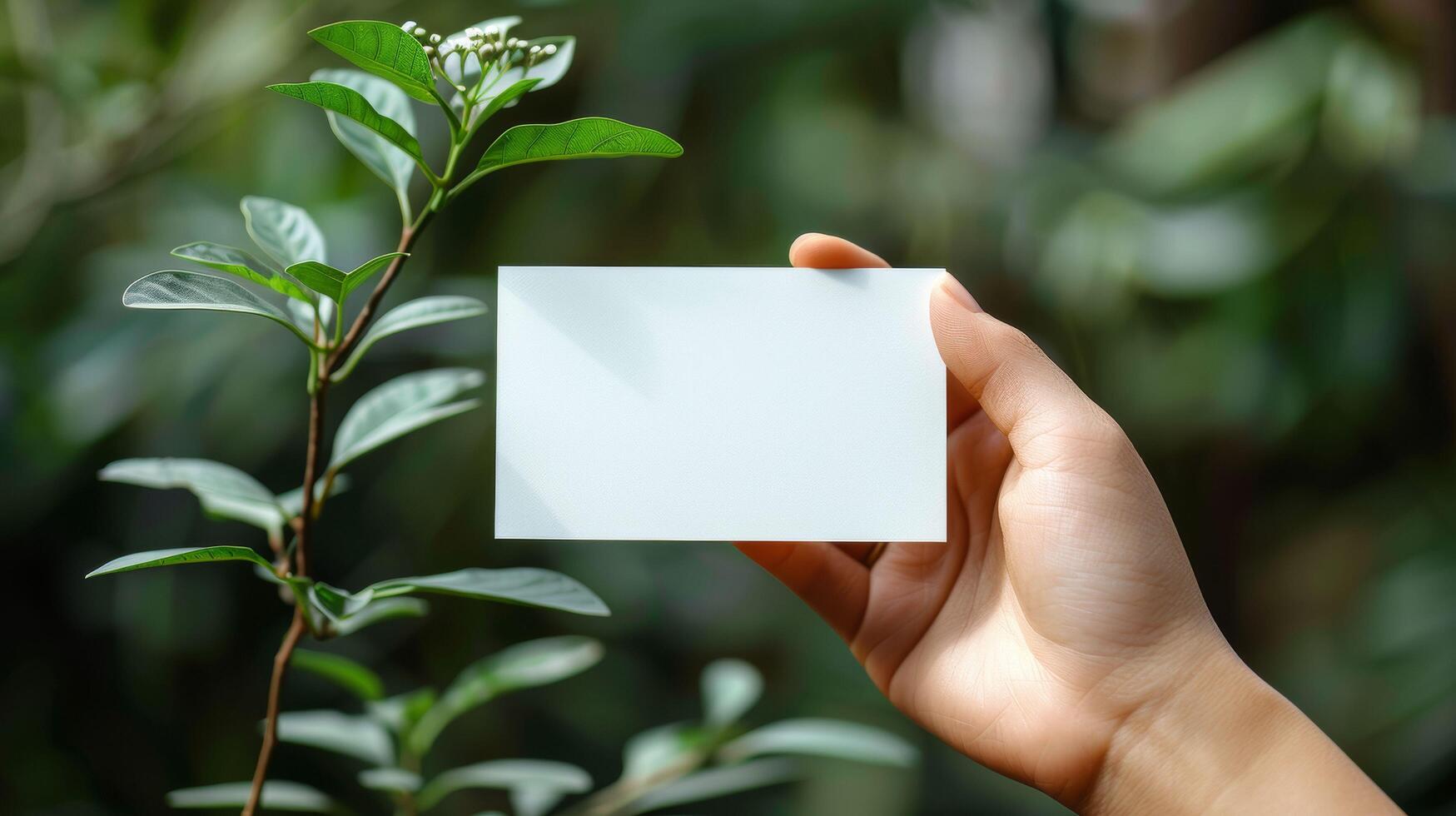 A hand holding a blank card in front of a leafy green plant photo