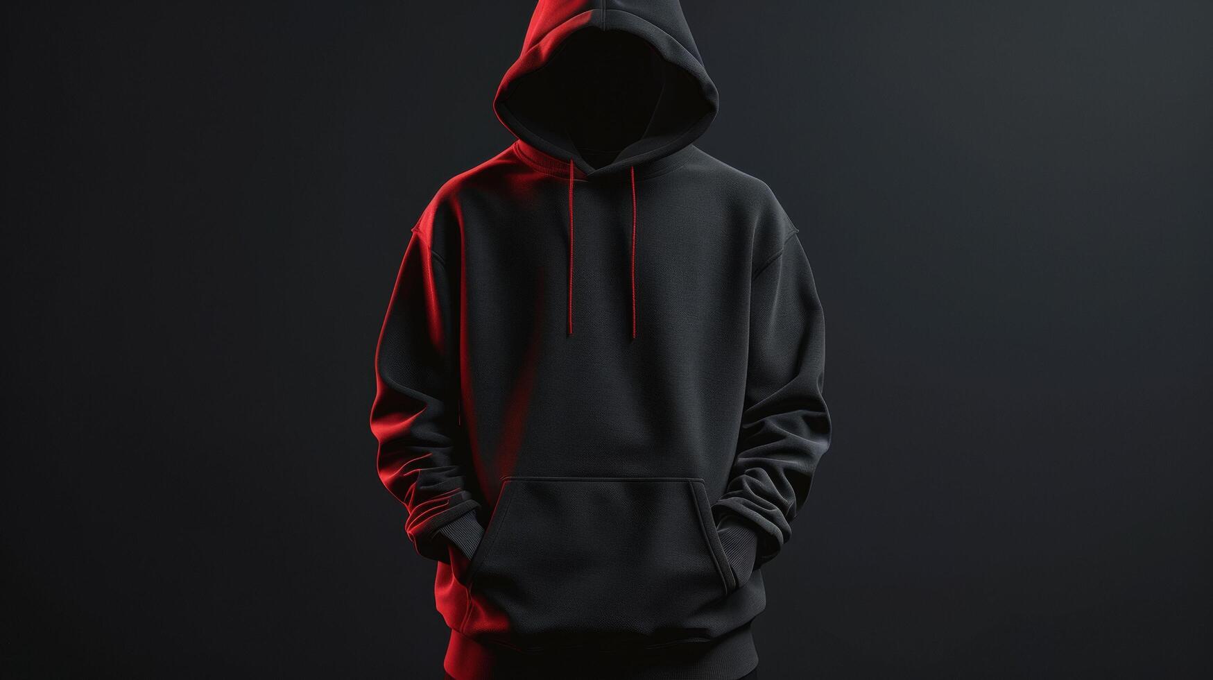 A hooded man is standing in front of a dark background photo