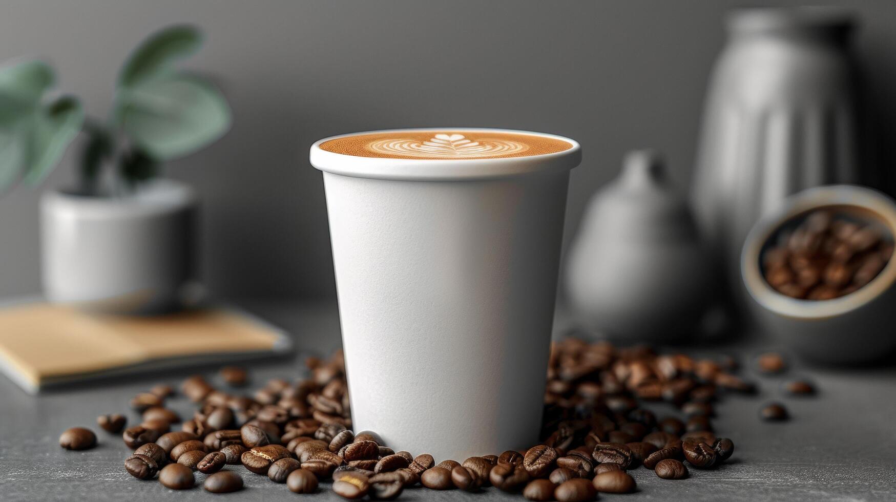 A white coffee cup with a brown foam on top sits on a table with a pile of coffe photo