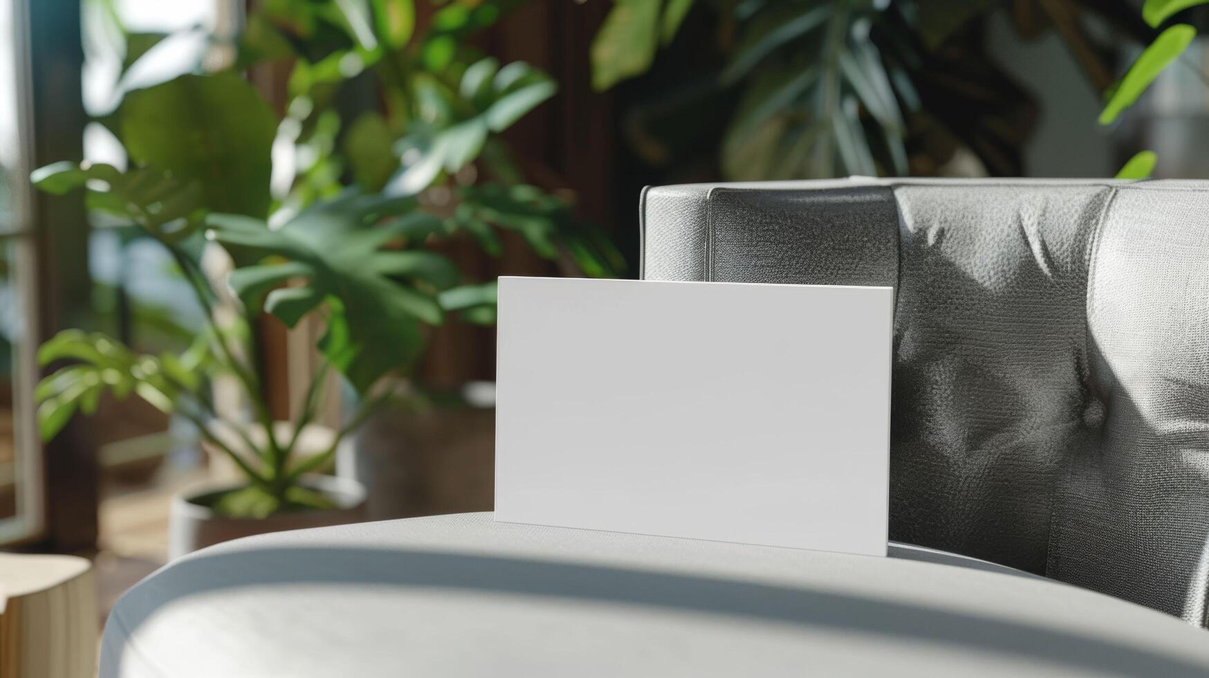 A white laptop is on a grey couch in a room with plants photo