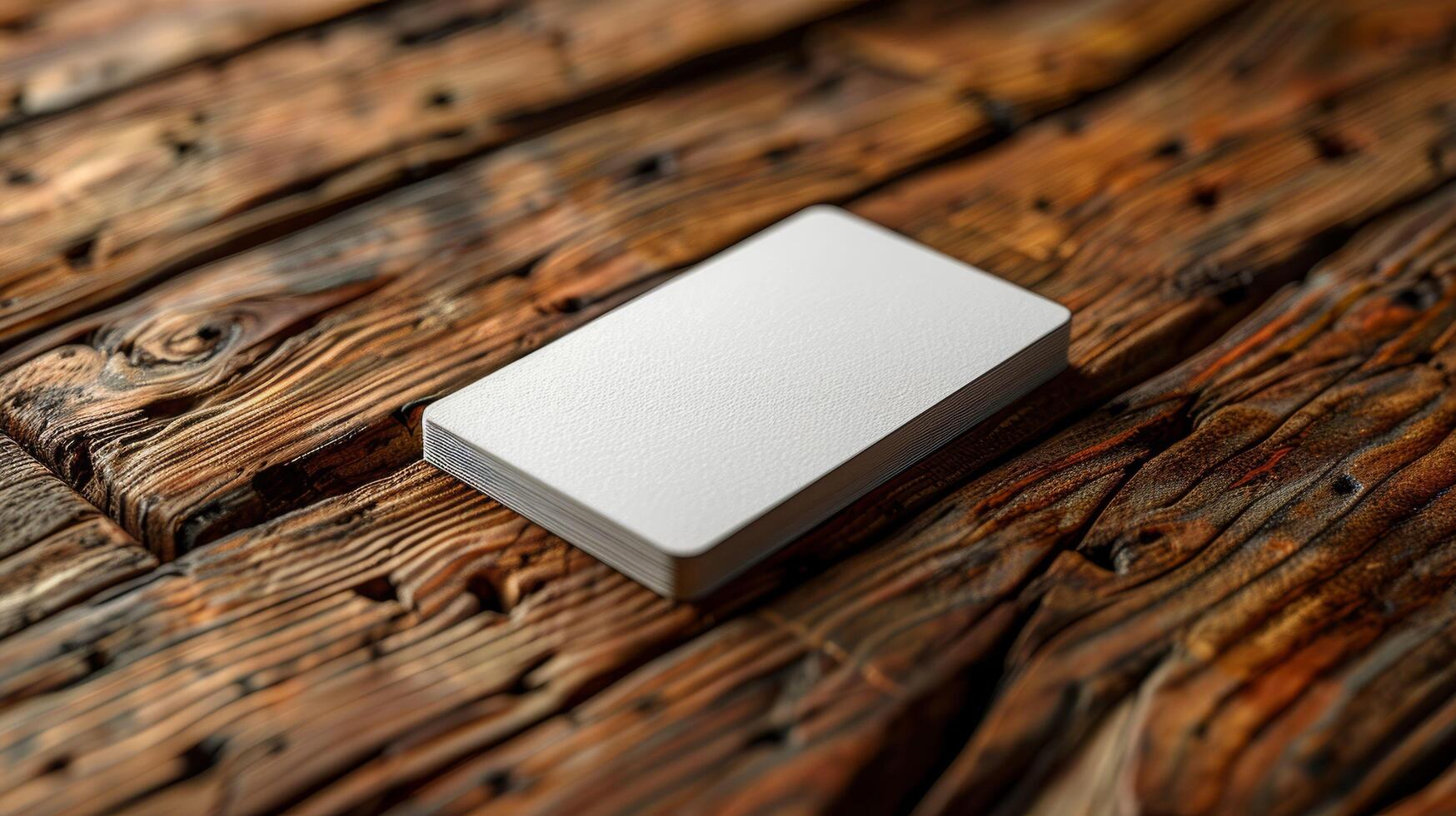 A white card is sitting on a wooden table photo