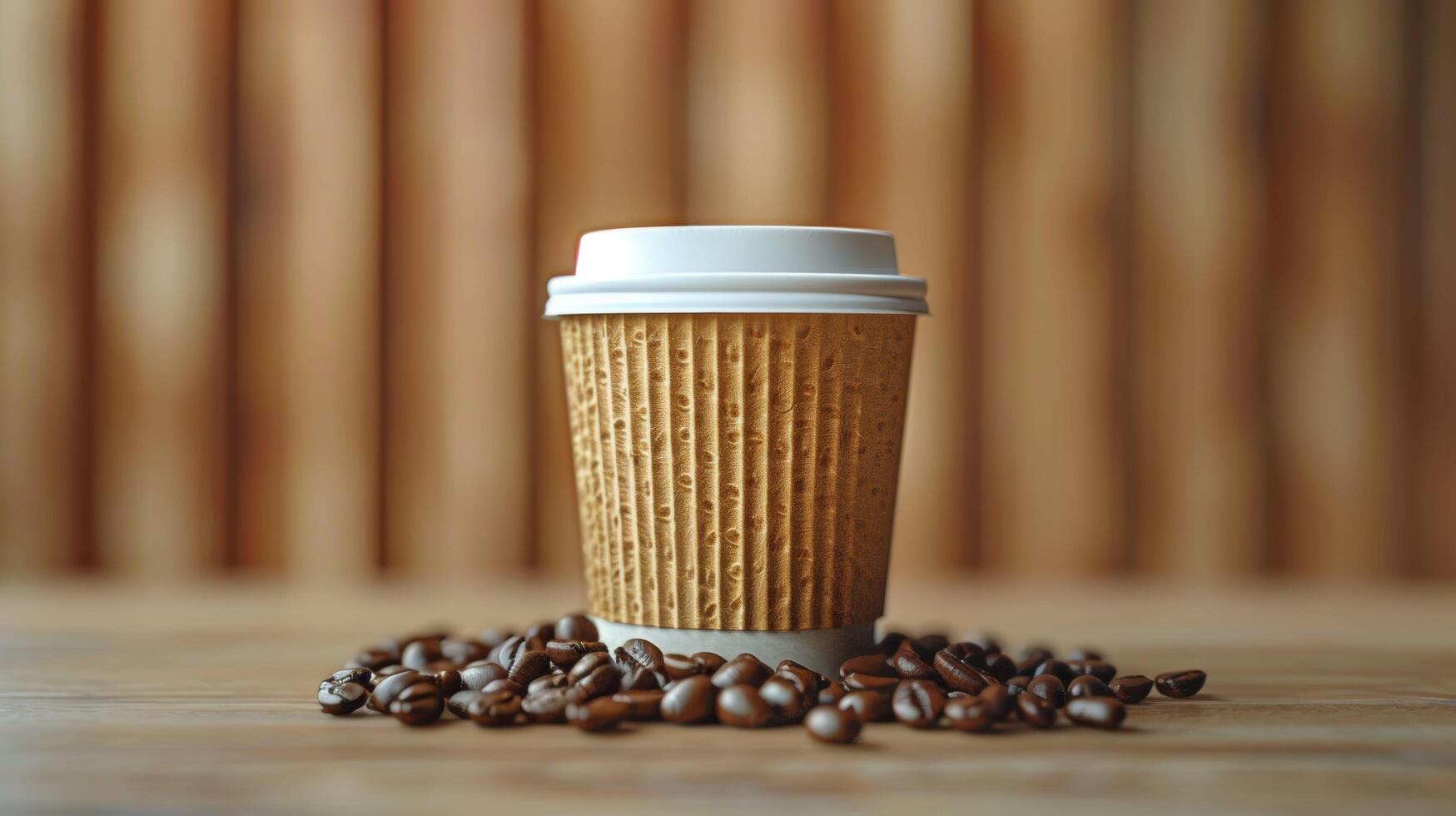 A coffee cup with a white lid sits on a table with a pile of coffee beans photo