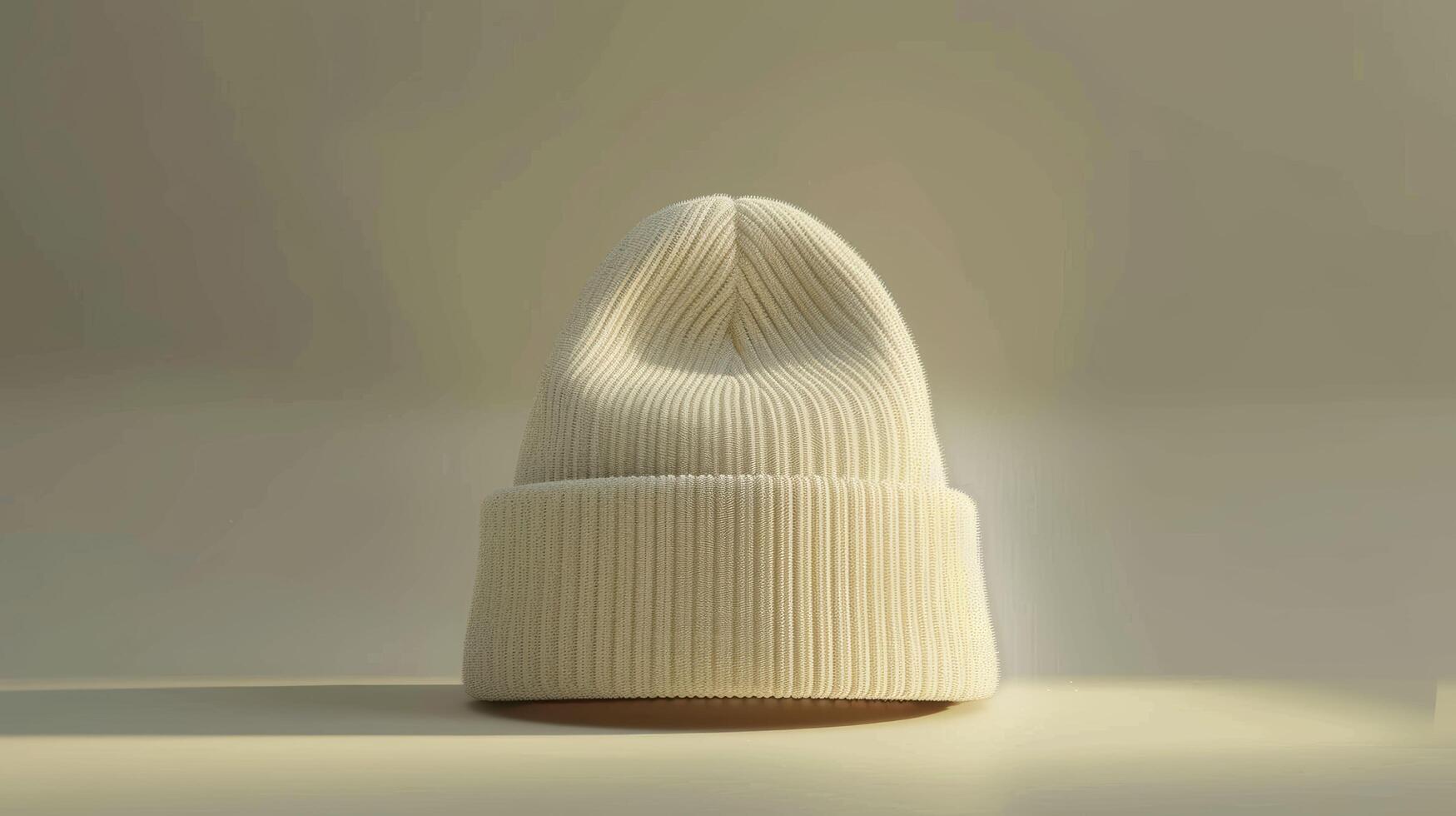A white knit beanie hat is sitting on a table photo