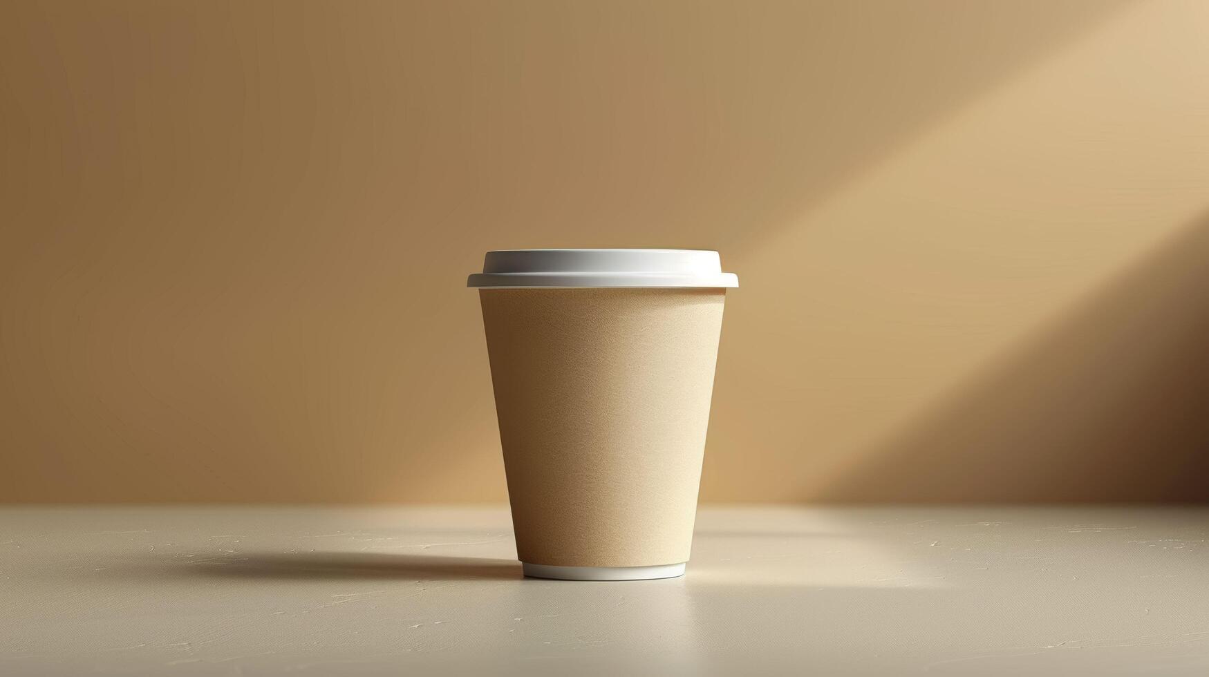 A coffee cup with a white lid sits on a table photo