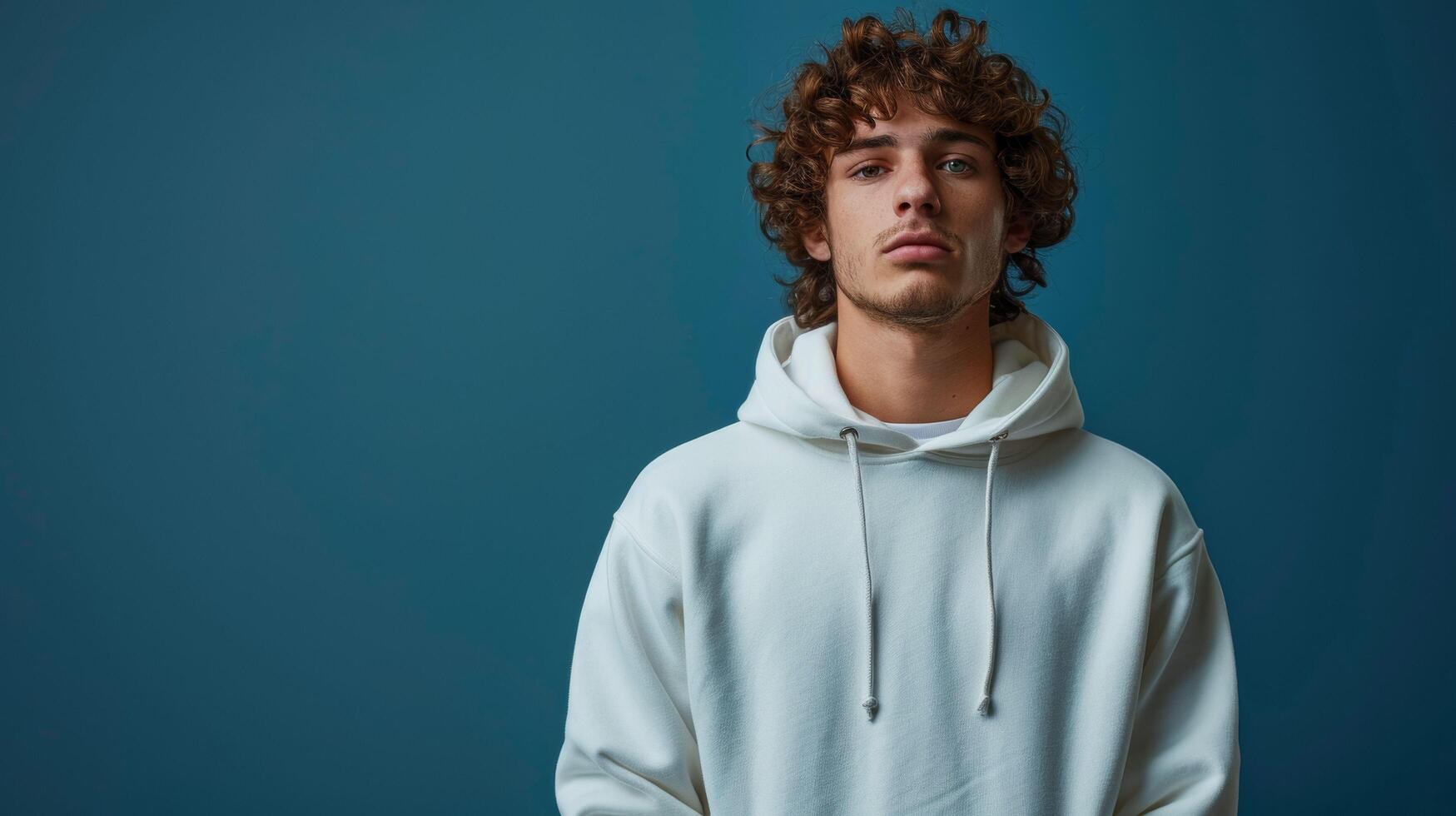 A man wearing a white hoodie is standing in front of a blue wall photo