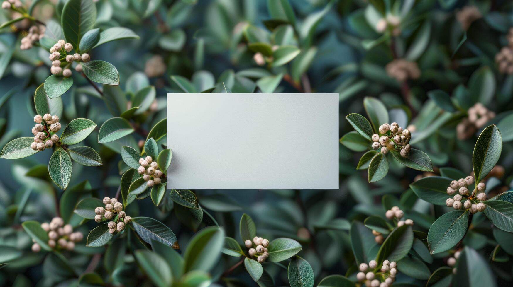 A white card is placed on a leafy green bush photo