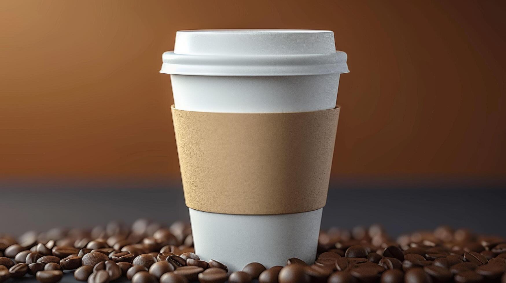 A white coffee cup with a brown sleeve sits on a table covered in coffee beans photo