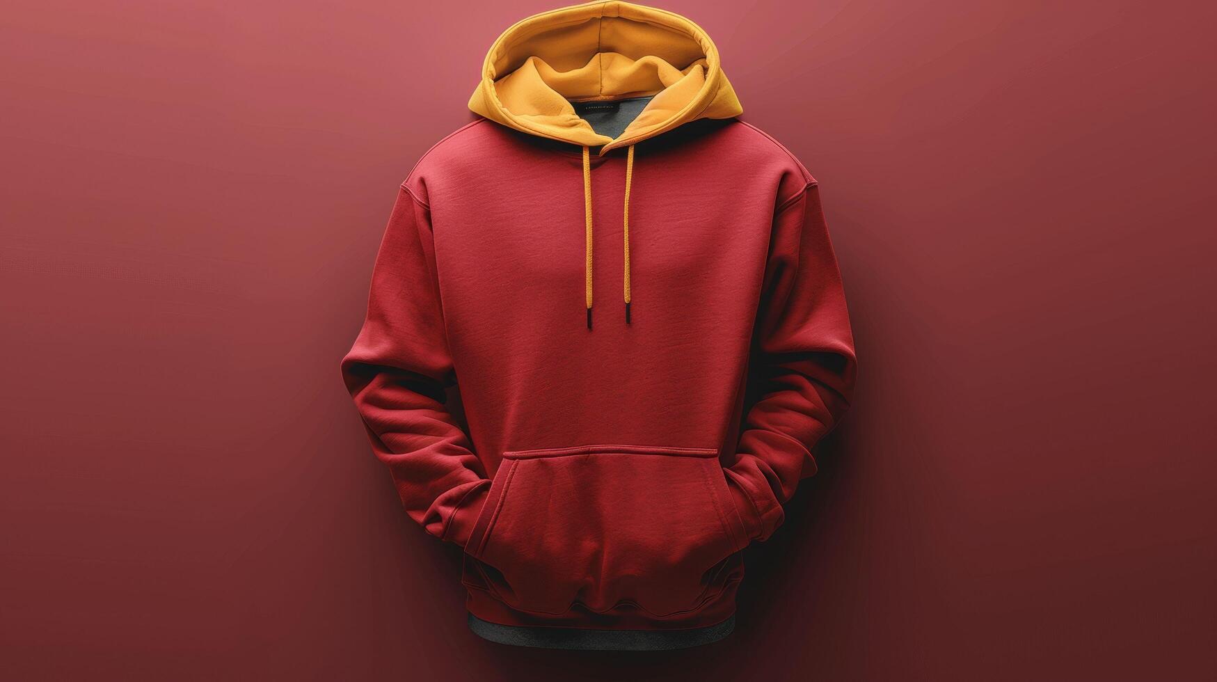 A red hoodie with a yellow trim is displayed on a red background photo