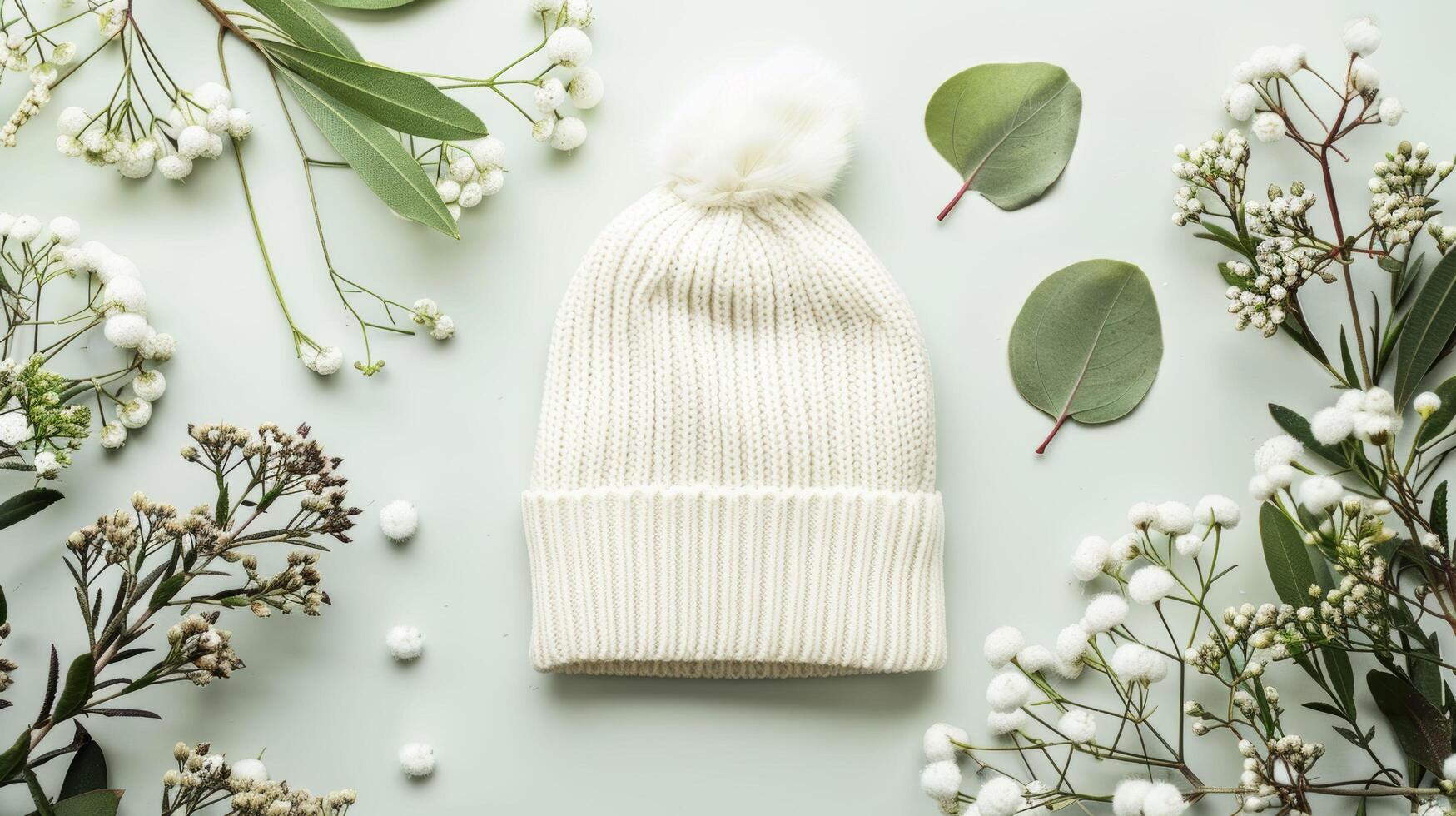 A white hat with a pom pom on top sits on a table next to a bunch of flowers photo