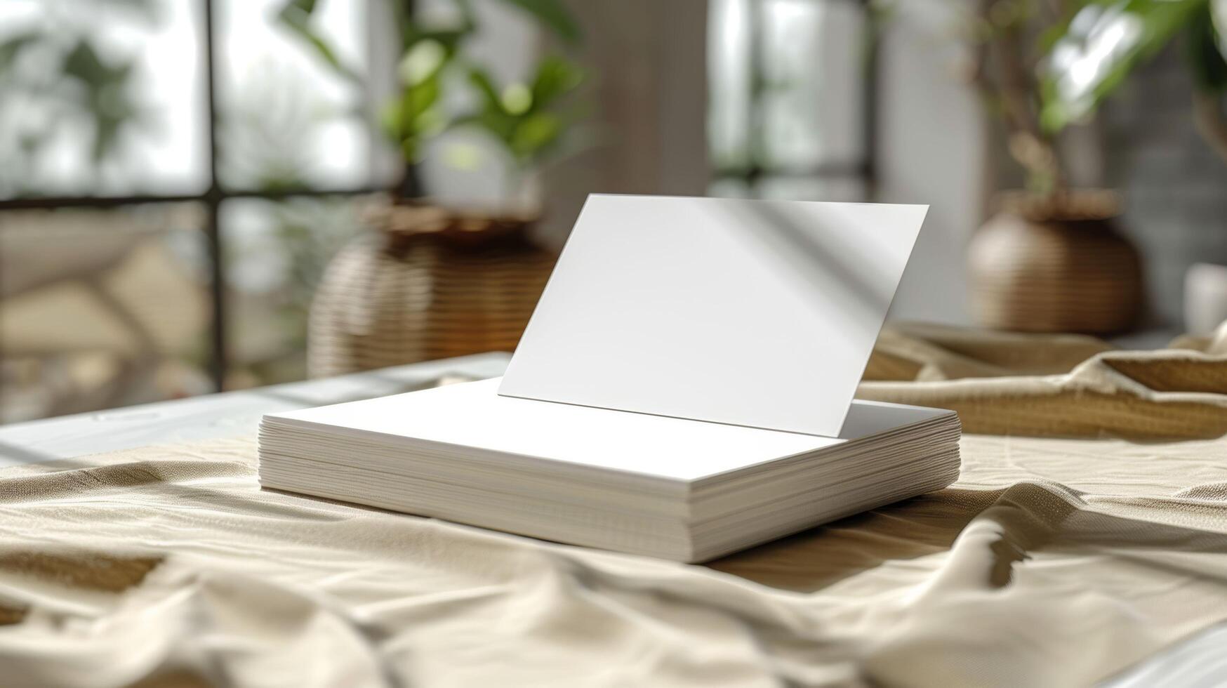 A stack of white cards is open on a table photo