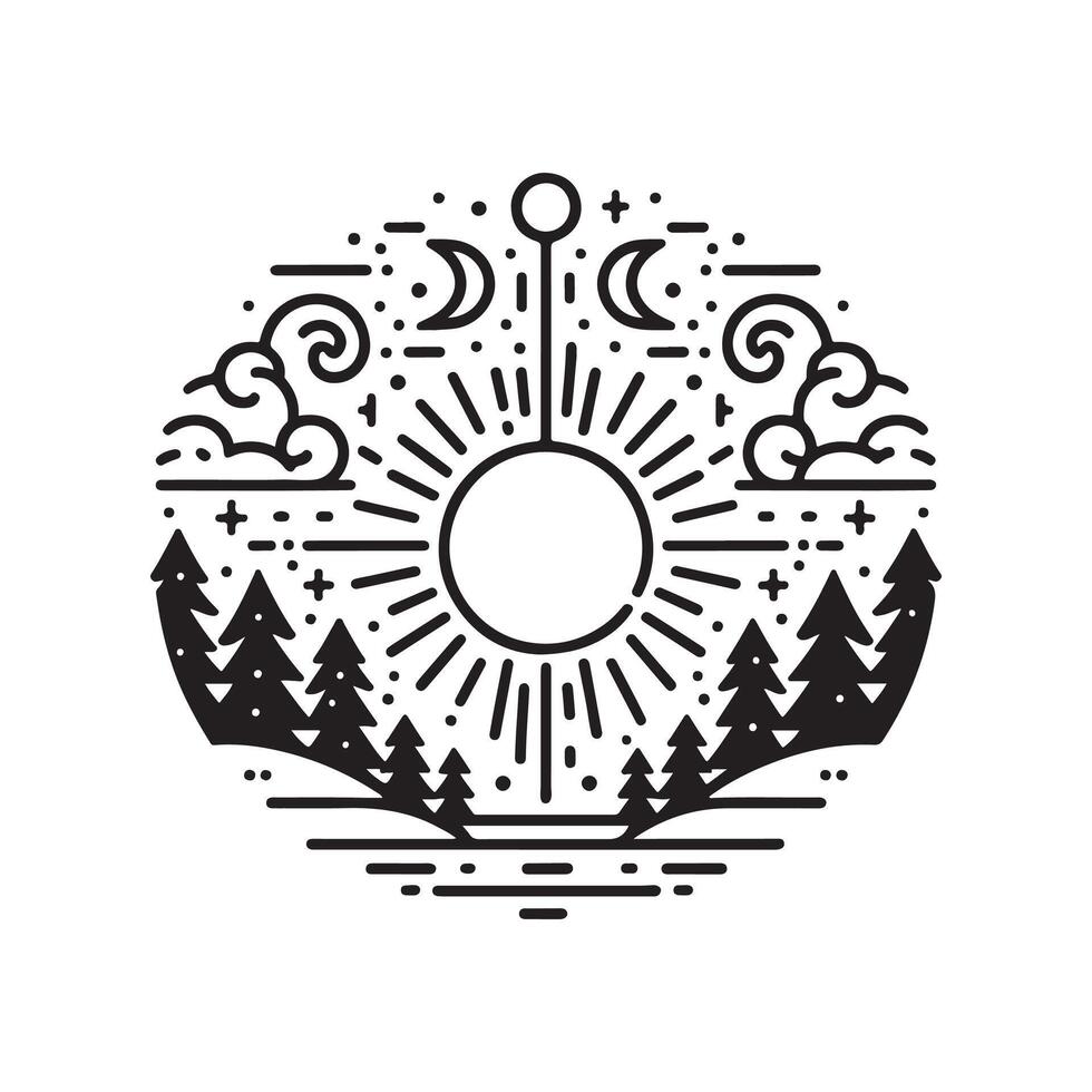 A black and white logo with a sun and trees vector