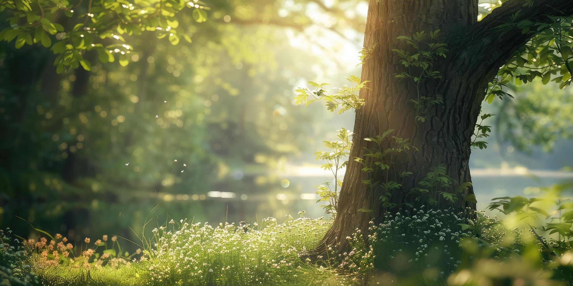 morning in the forest forest with magical rays of light through the trees photo