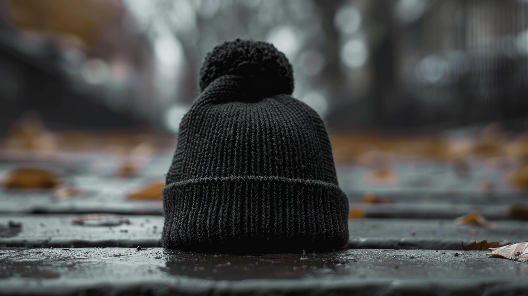 A black knit hat with a pom pom sits on a wet sidewalk photo