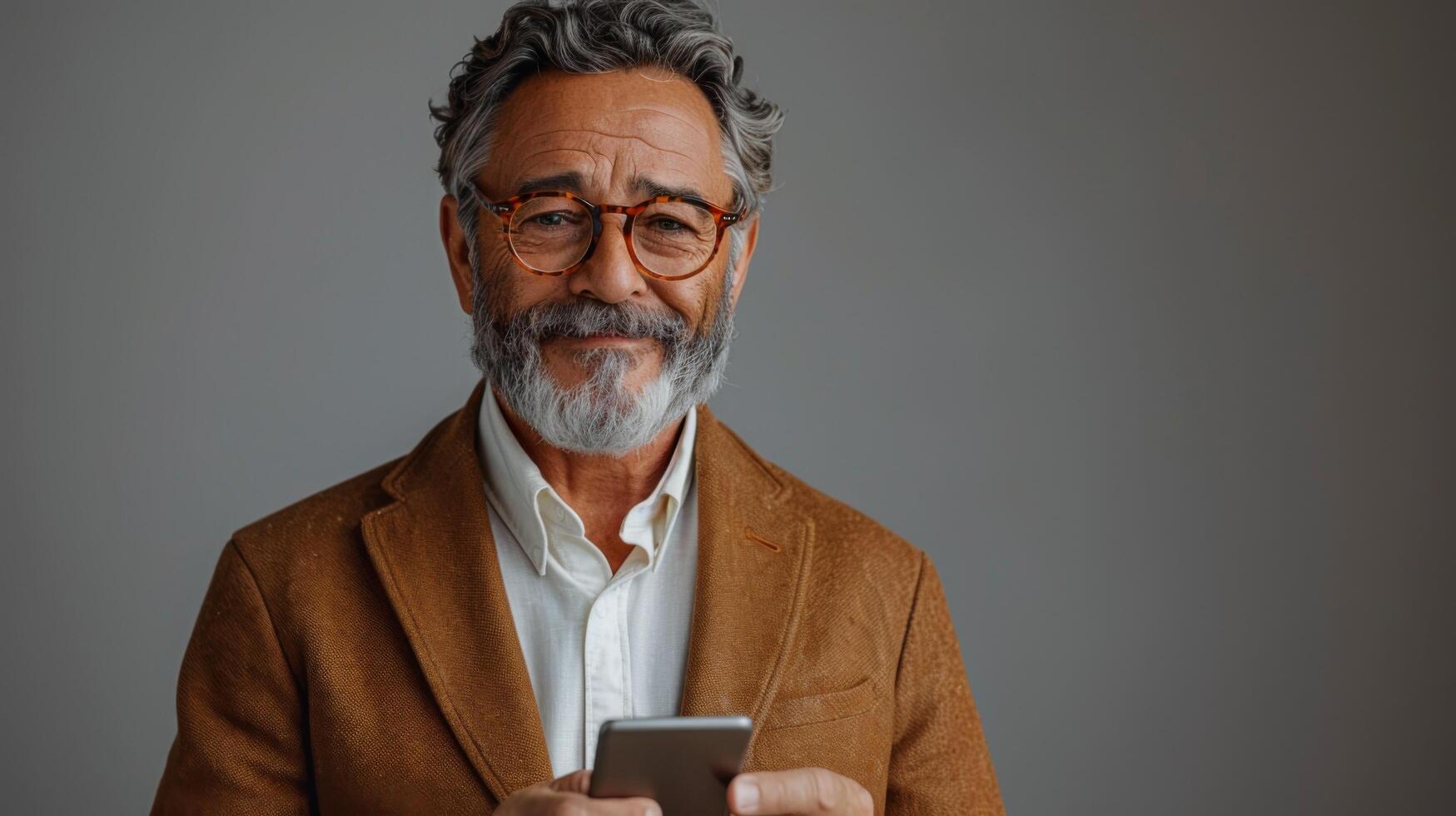 Happy middle aged business man, smiling mature businessman holding mobile phone and credit debit card mockup using banking finance app making online purchase on smartphone isolated on gray background photo