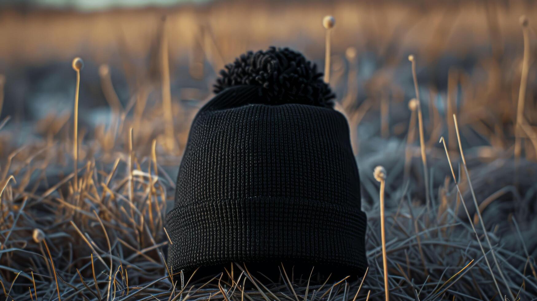 A black hat with a pom pom sits on a field of dried grass photo