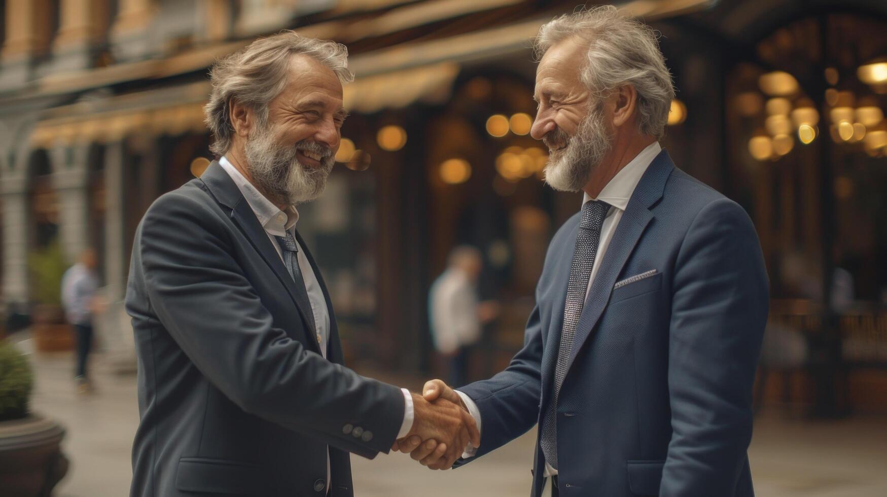 Happy older middle aged senior businessman leader shaking hand of new male partner, client or customer making sales deal at team executive board meeting in conference room. Business handshake concept photo
