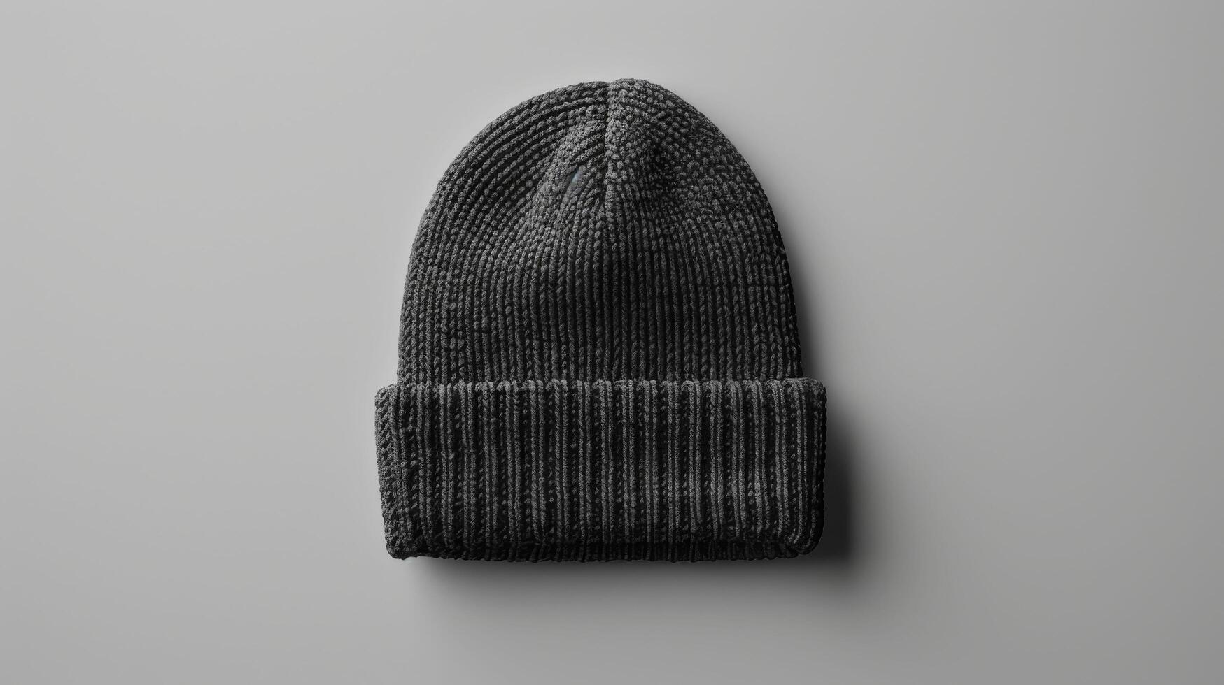 A black knit hat is sitting on a gray surface photo