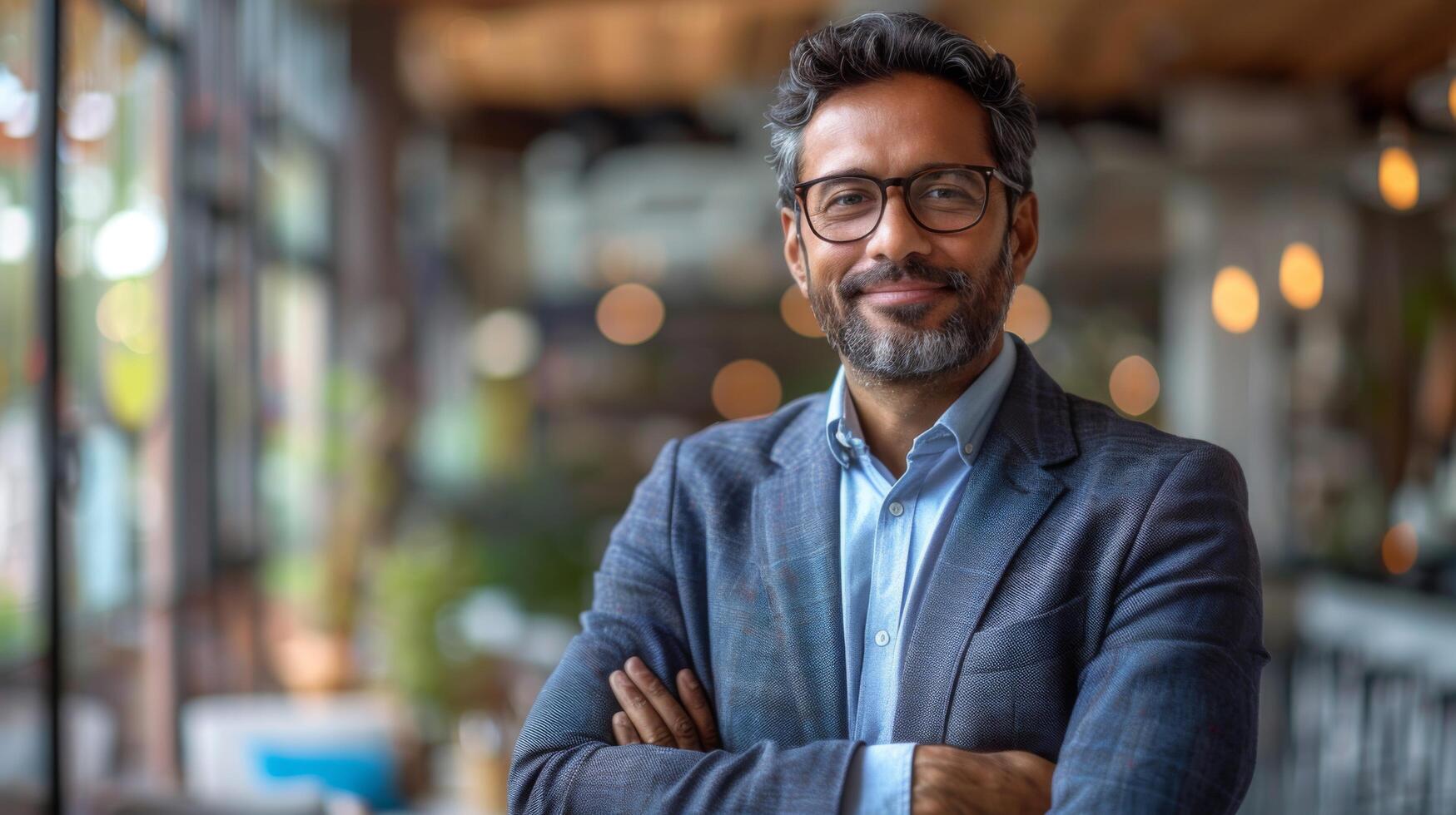 Happy confident Indian business man leader looking away standing in office. Smiling professional businessman manager executive, male worker from India feeling cheerful thinking of financial success photo