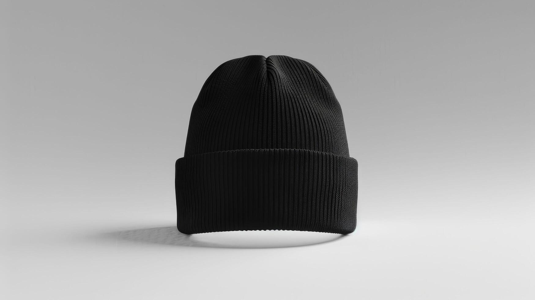 A black knit beanie hat is sitting on a white background photo