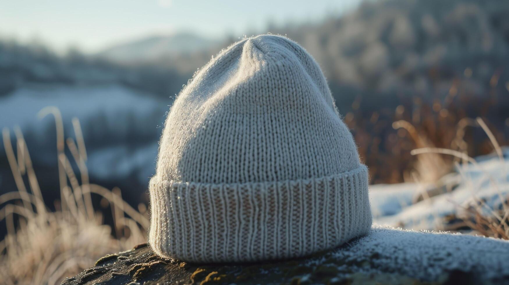 A knitted hat is sitting on a rock in the snow photo