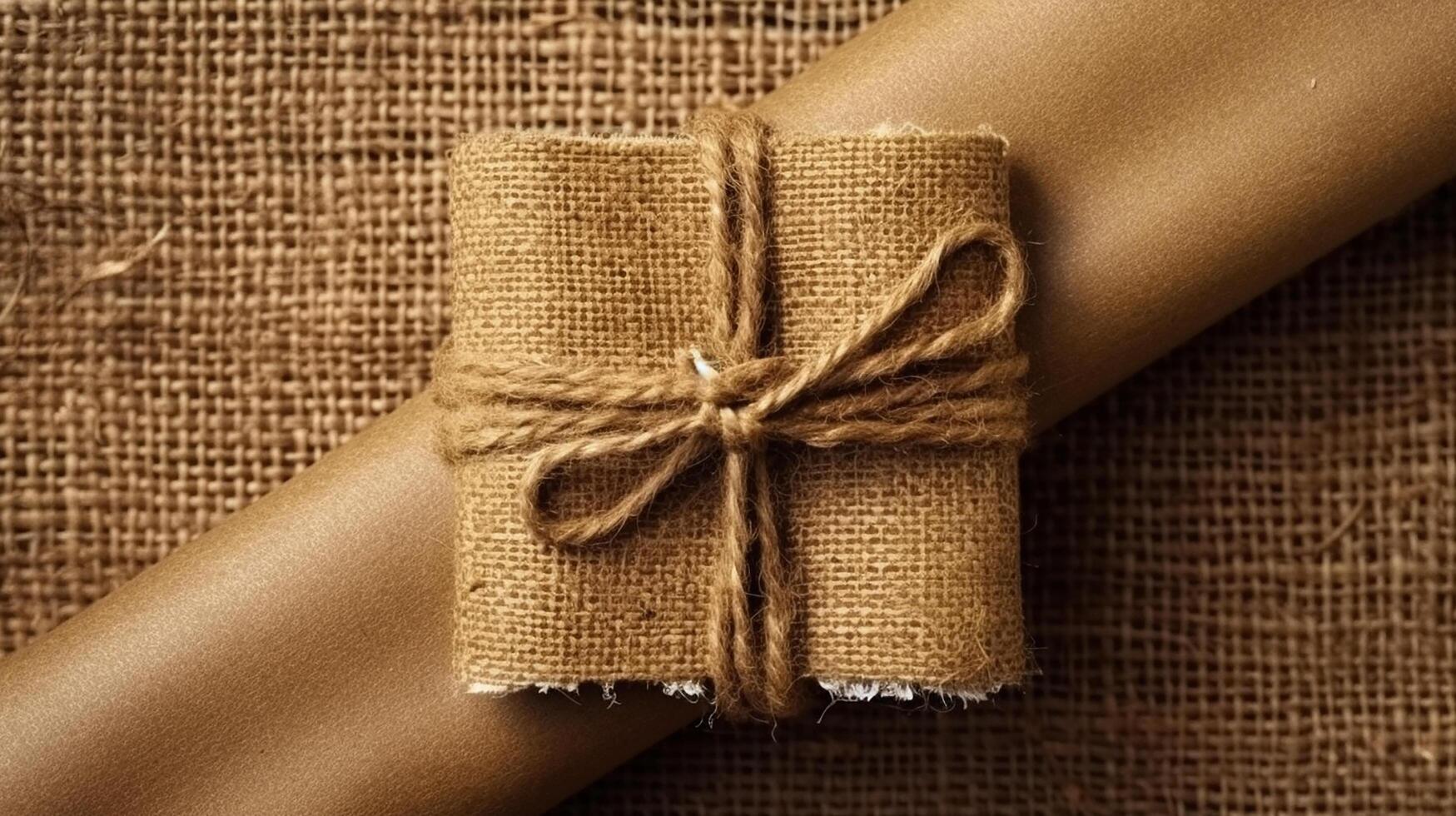 Burlap background tie with rustic burlap twine, natural product photo