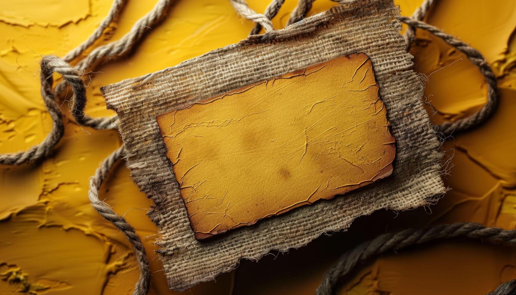 A yellow sign with a brown border is hanging from a rope photo