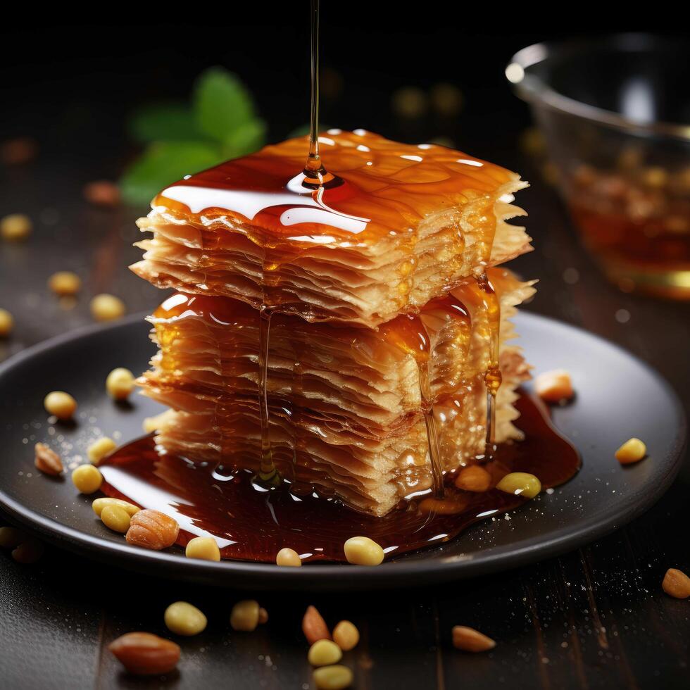 A plate of baklava with nuts photo