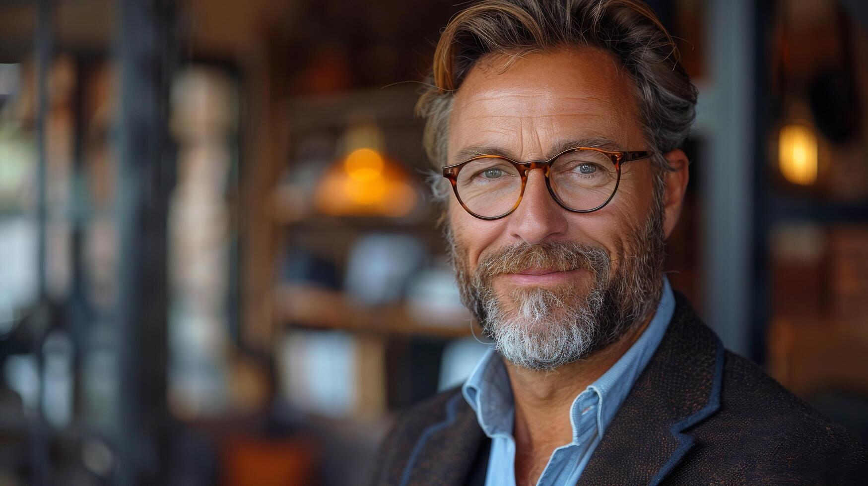 Smiling 45 years old banker, happy middle aged business man bank manager, mid adult professional businessman ceo executive in office, older mature entrepreneur wearing glasses, headshot portrait photo