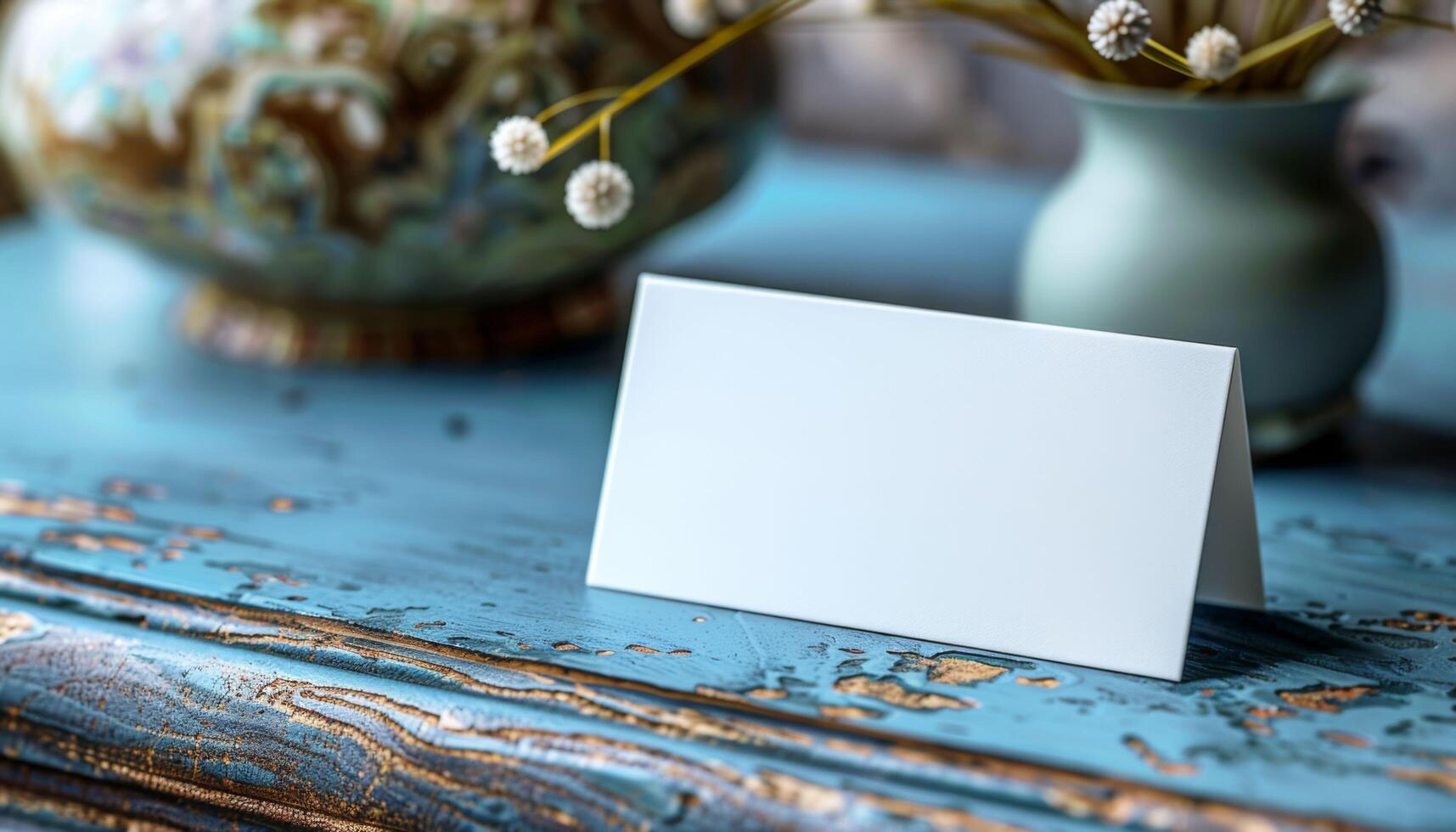 A white card with a blank space sits on a table next to a vase photo