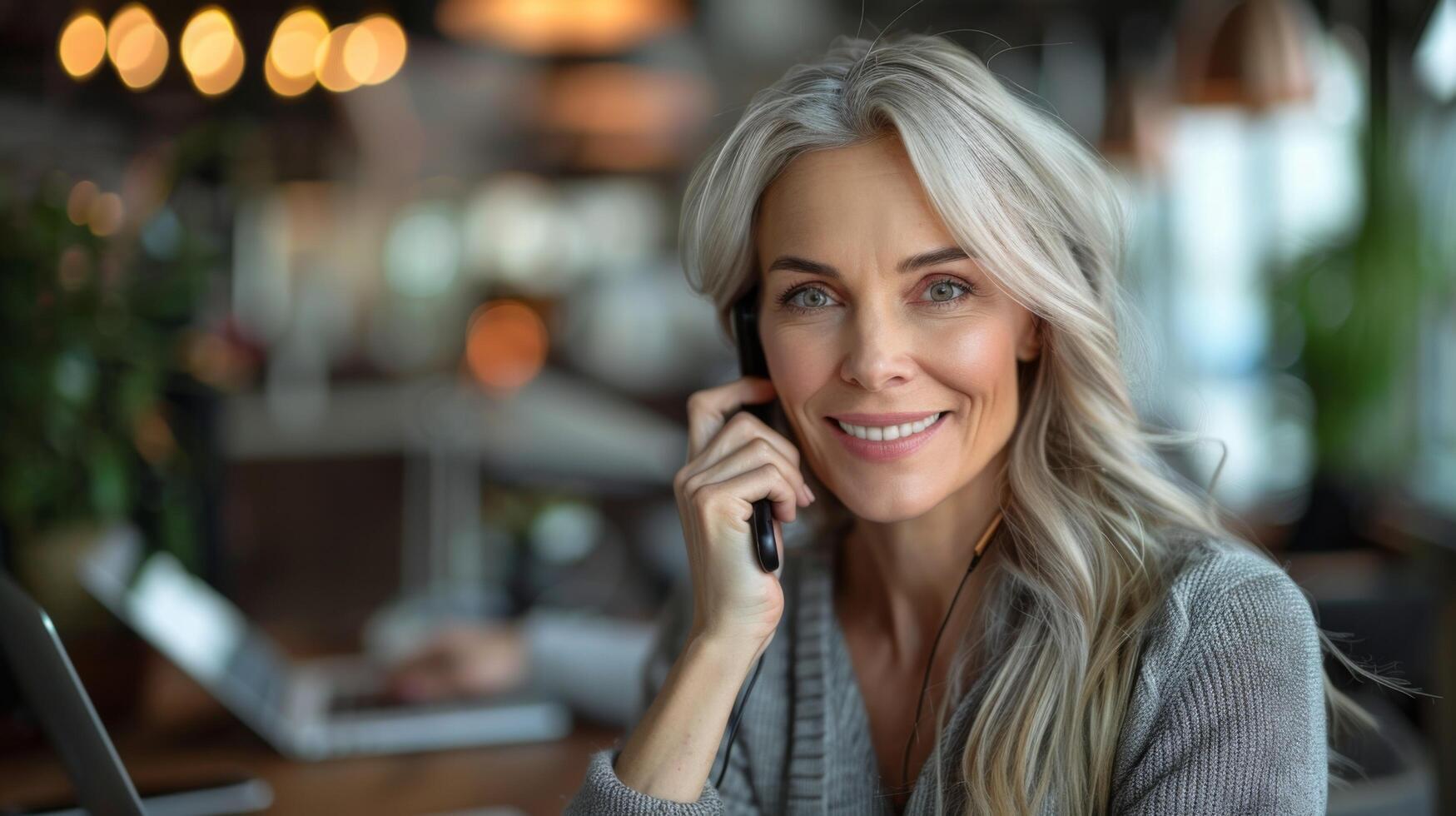 Happy smiling mature middle aged business woman, 40s professional lady executive manager talking on the phone making business call on cellphone at work in office using laptop computer photo