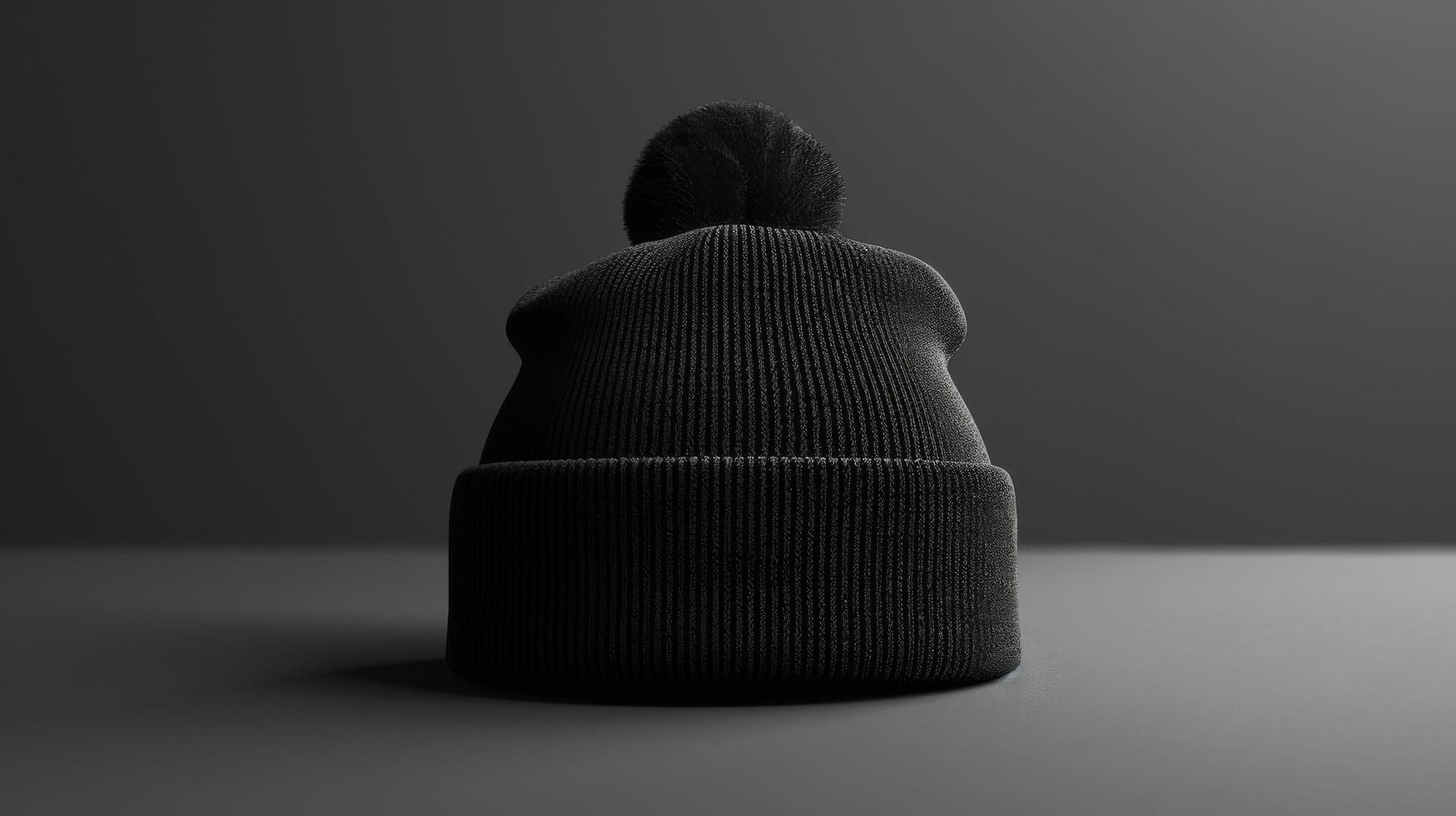 A black knit hat with a fuzzy pom pom on top photo