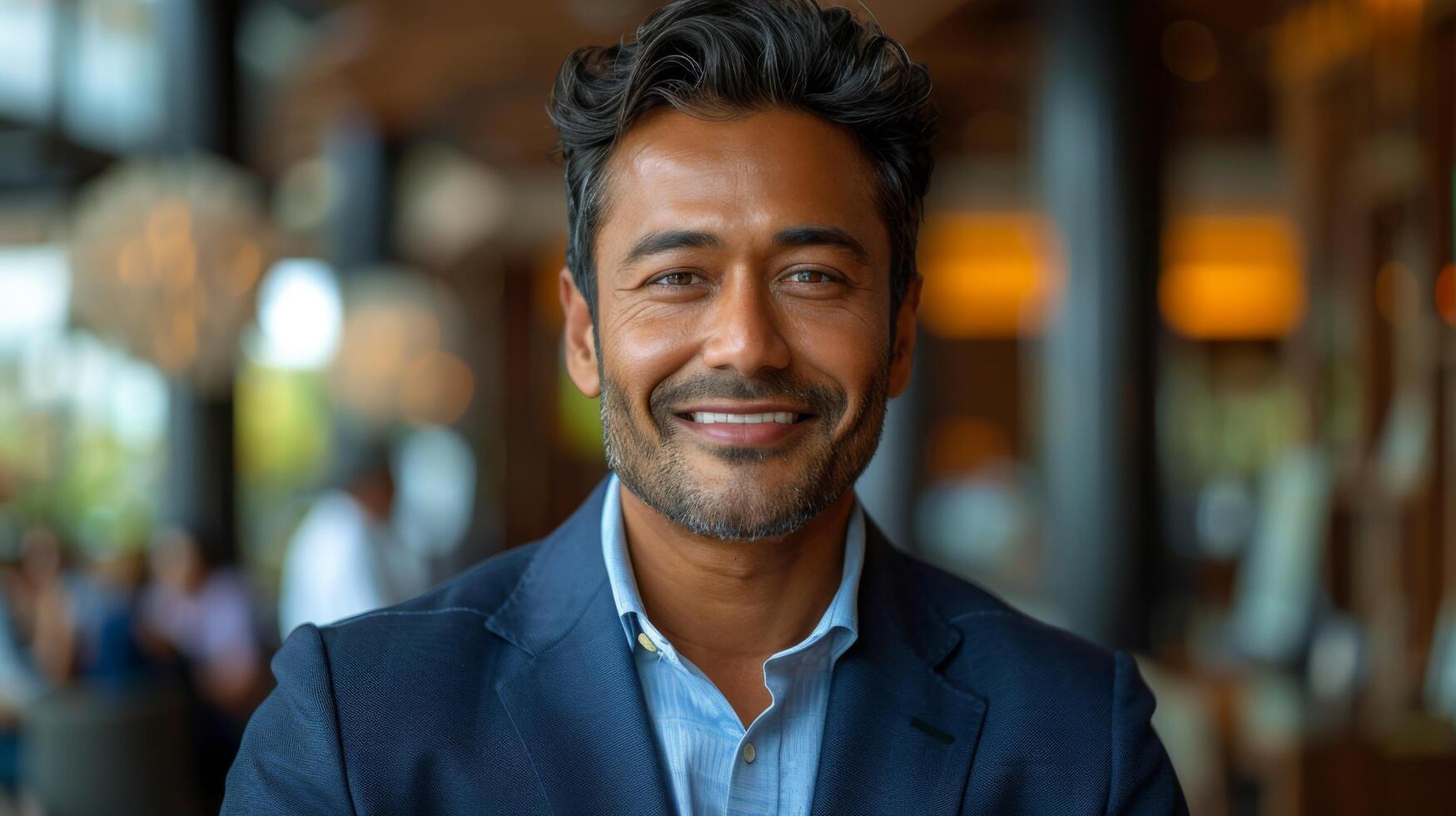 Happy Indian business man manager analyst using tablet computer, businessman employee or executive looking at camera working on tab device with financial data ai solutions at office desk photo